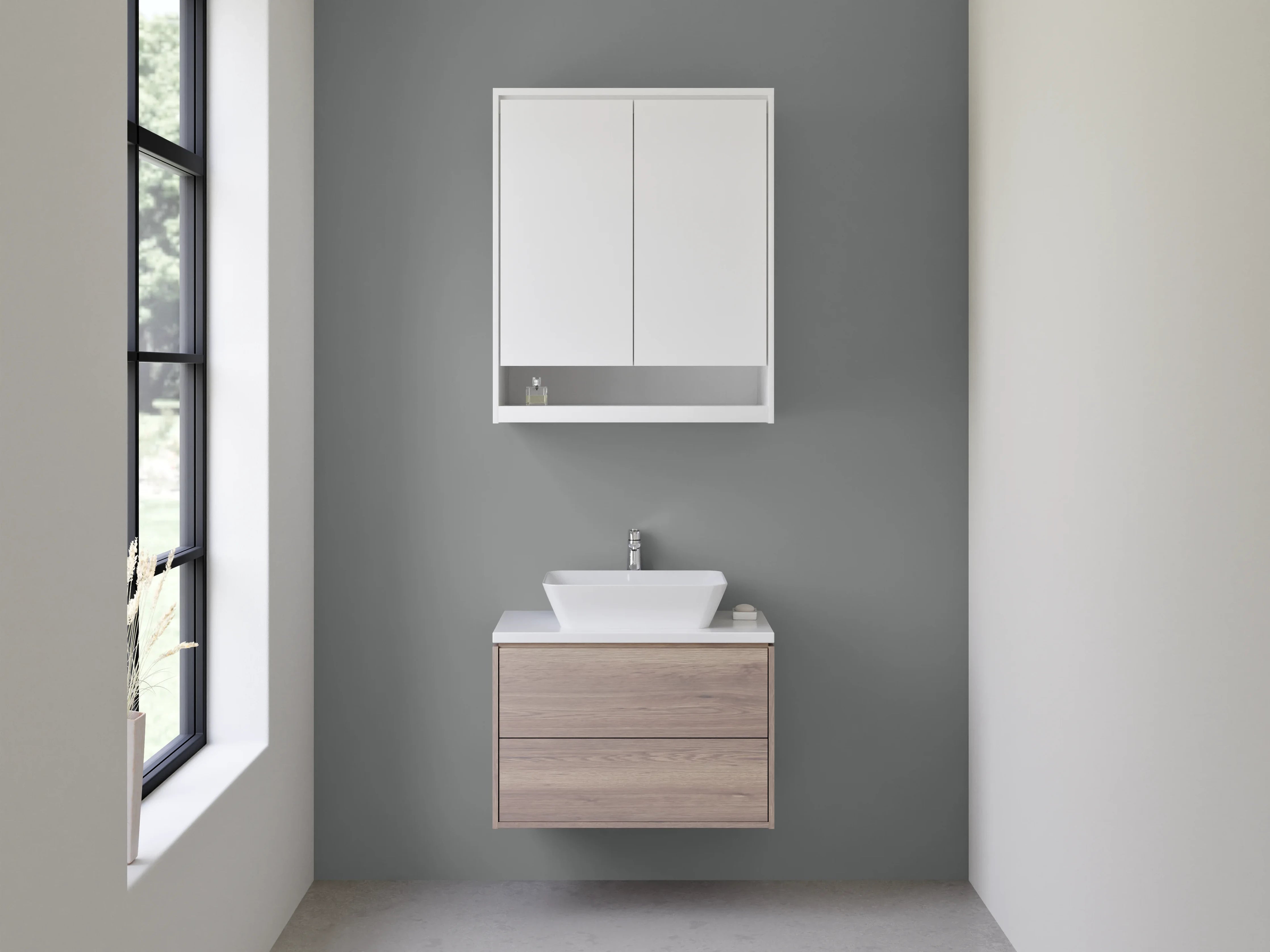 Waschbecken-Rückwand - Nebelgrau auf weißer Stille