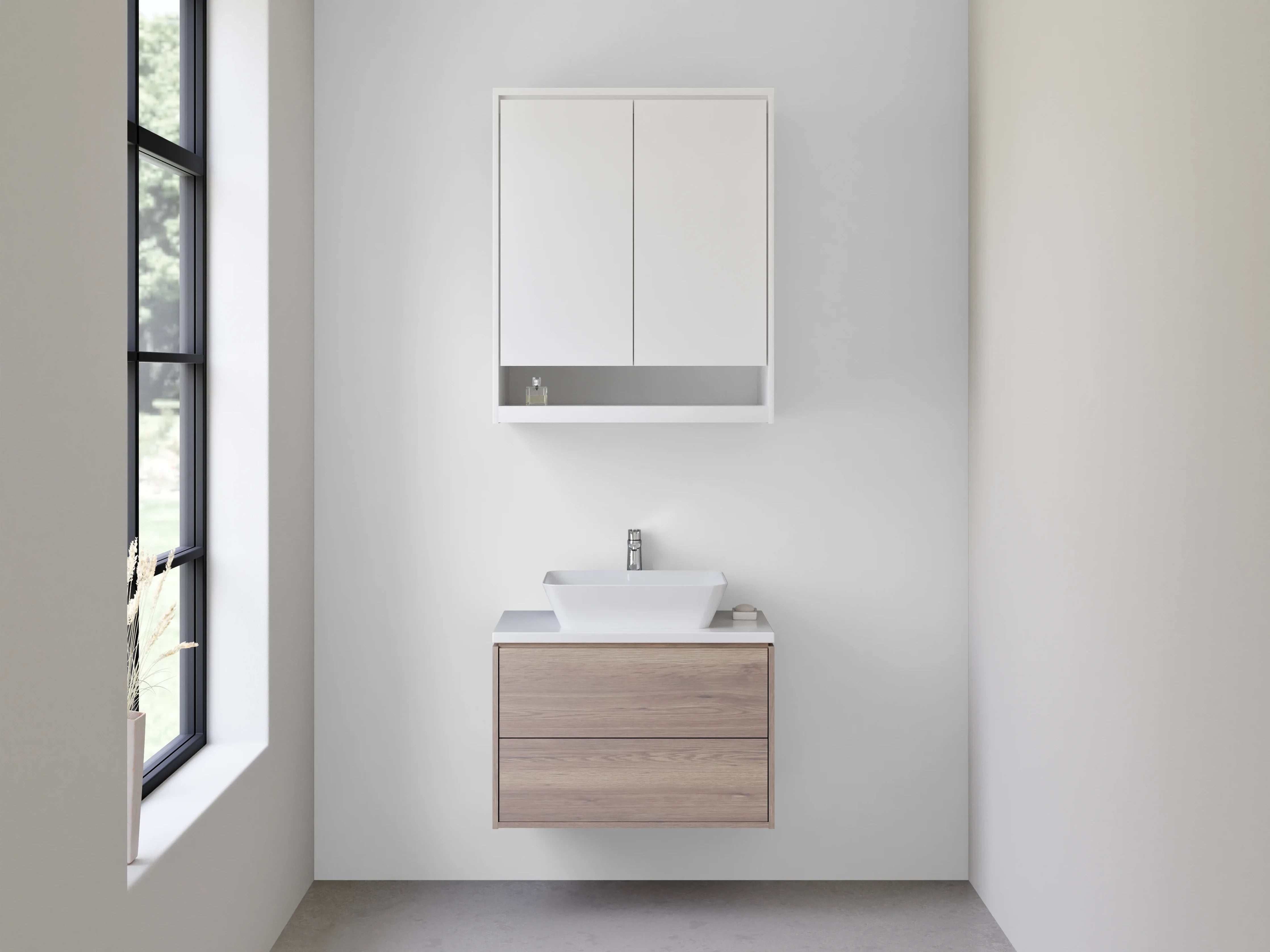 Waschbecken-Rückwand - Nebelweiß im sanften Grauschleier