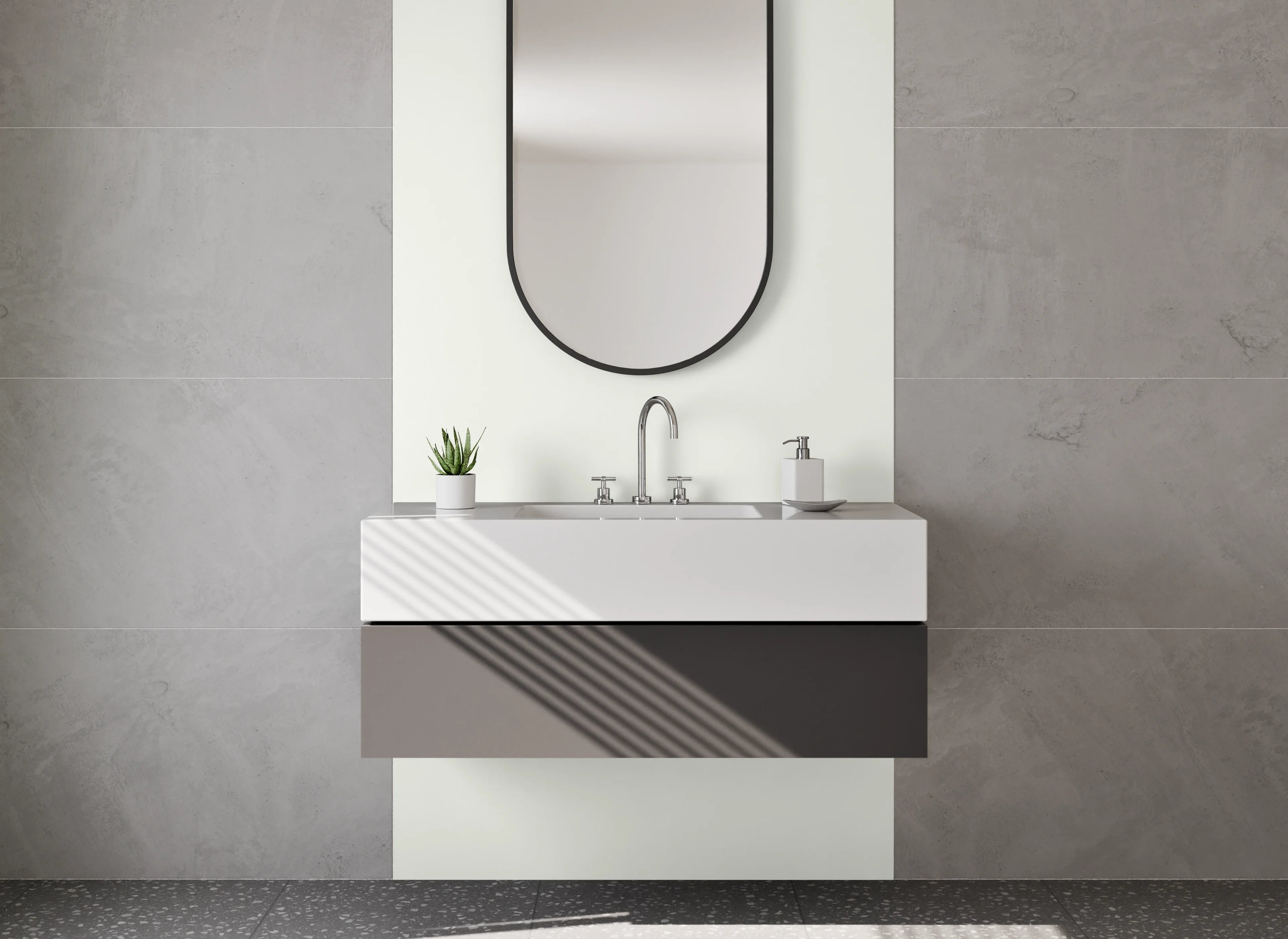 Waschbecken-Rückwand - Nebelweiß in sanftem Grau