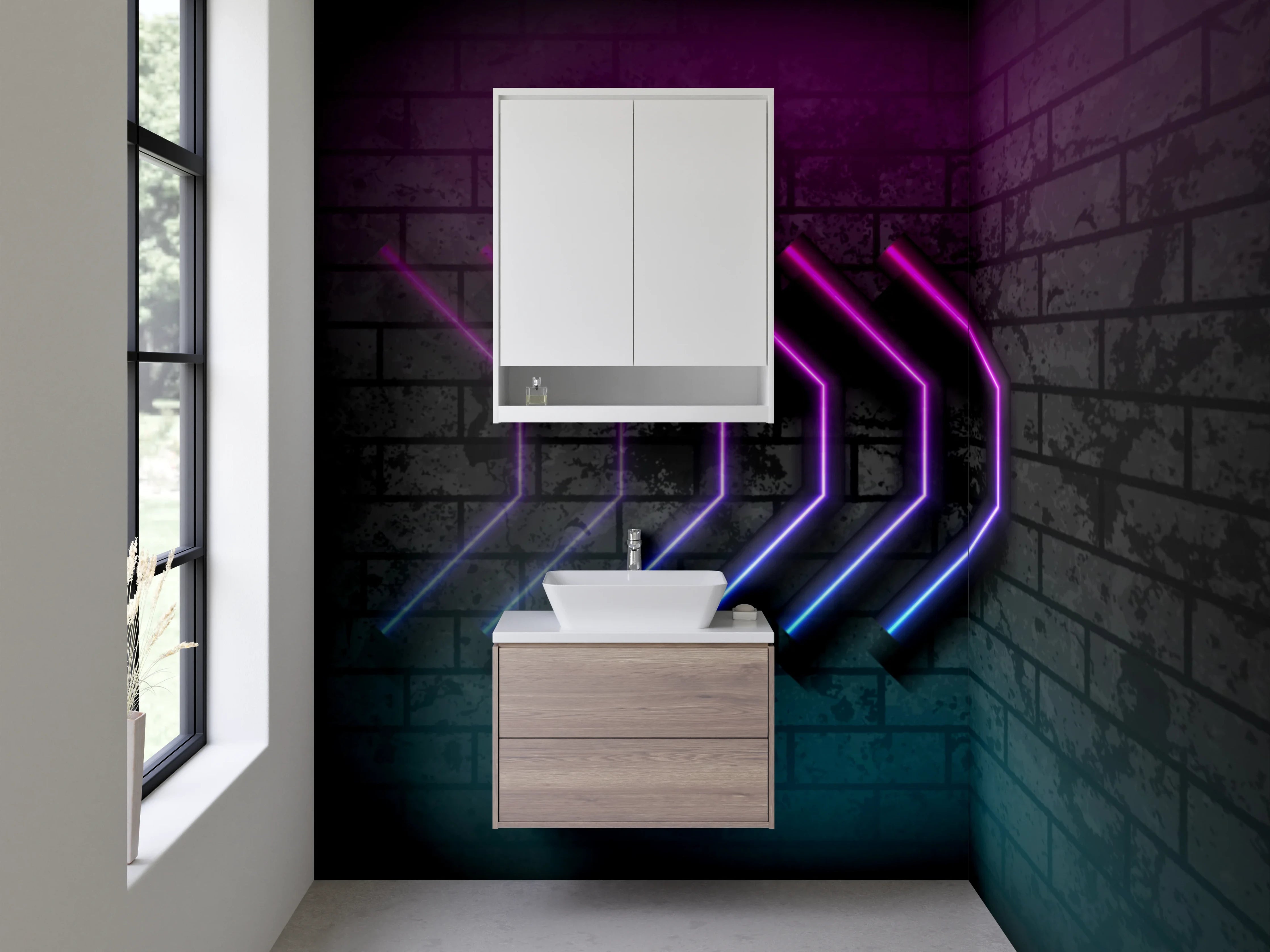 Waschbecken-Rückwand - Neon-Pfeile auf Backstein – Retro-Look