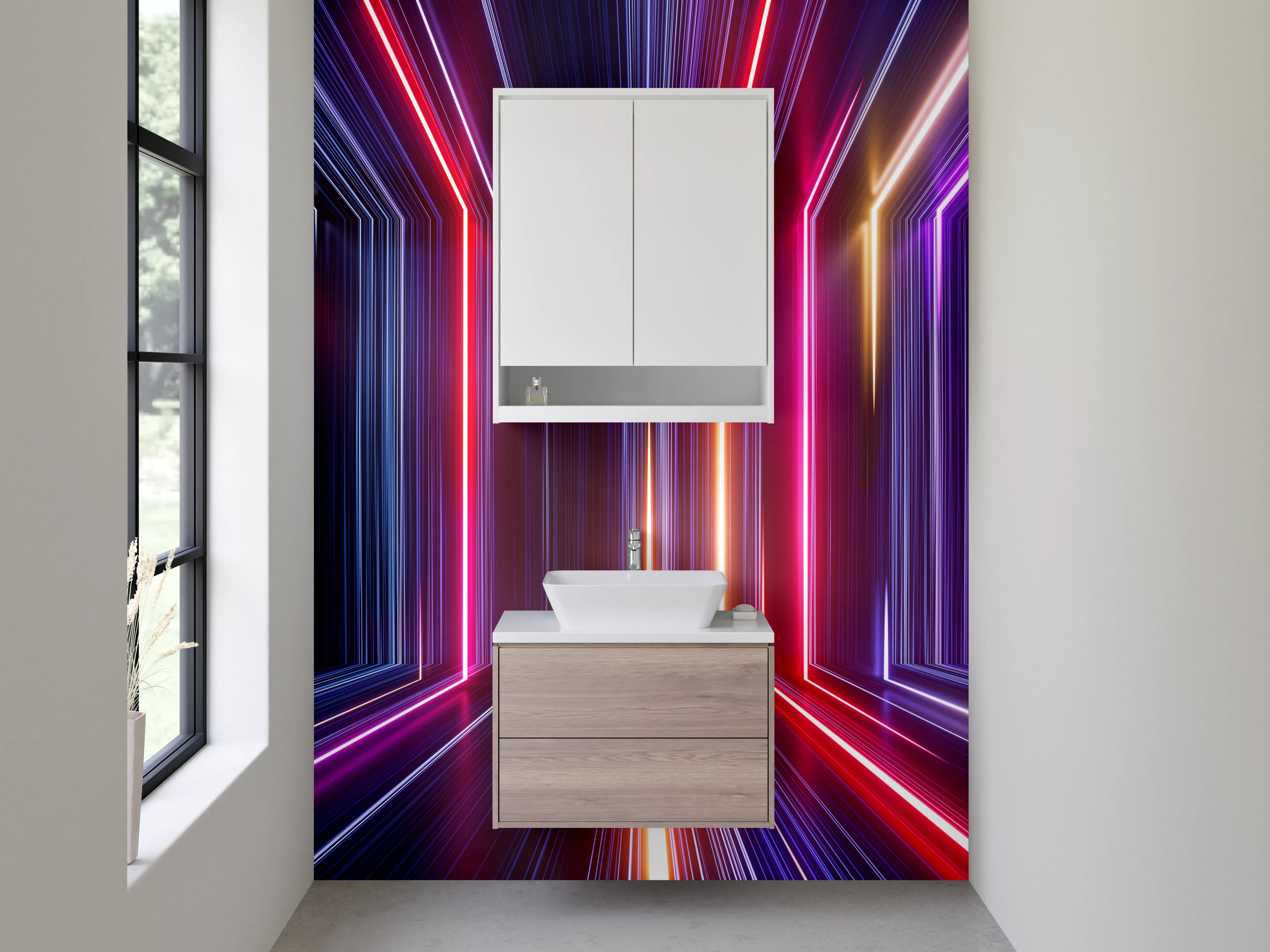 Waschbecken-Rückwand - Neonlinien in grauweißer Abstraktion