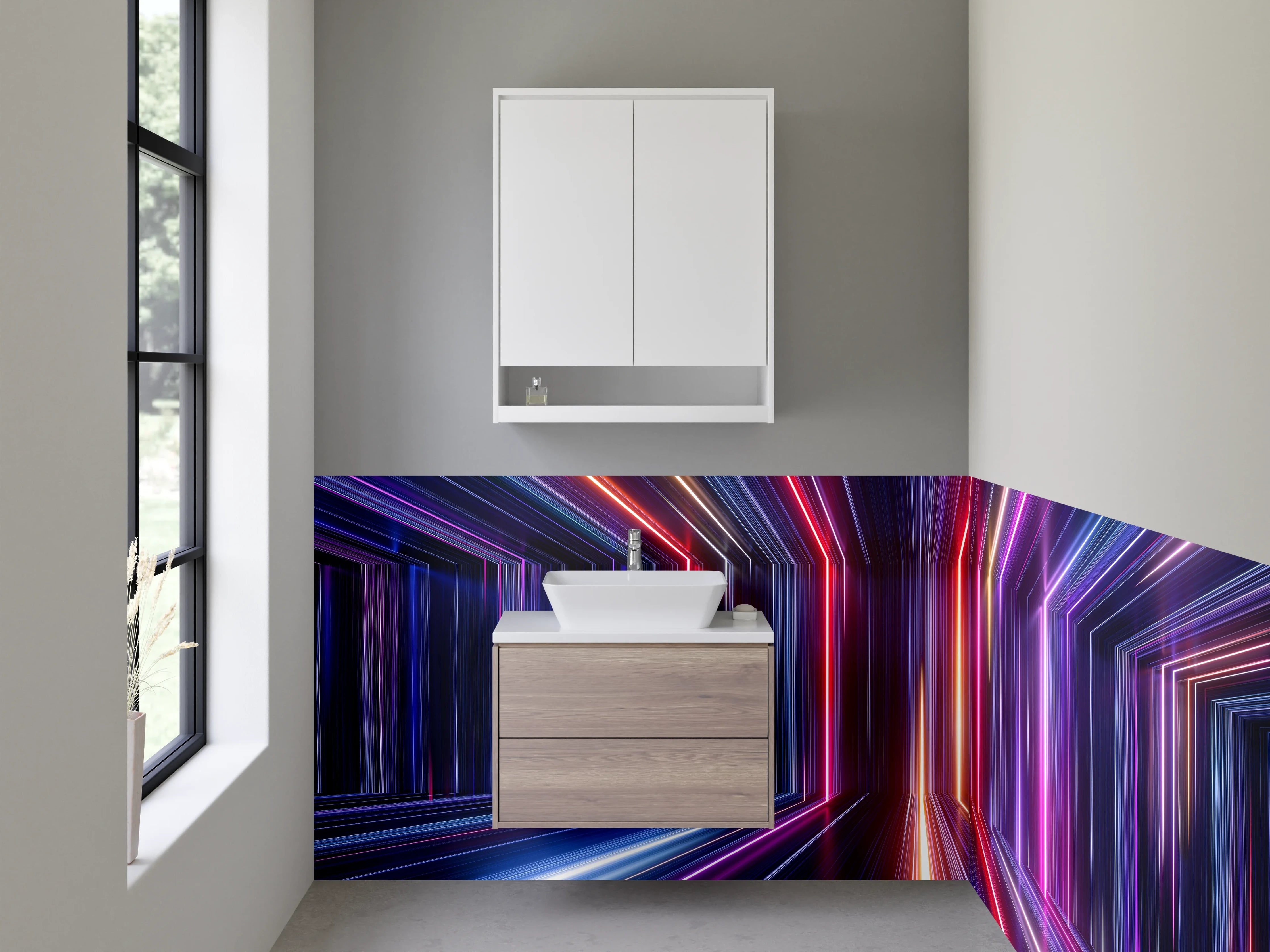 Waschbecken-Rückwand - Neonlinien in grauweißer Abstraktion