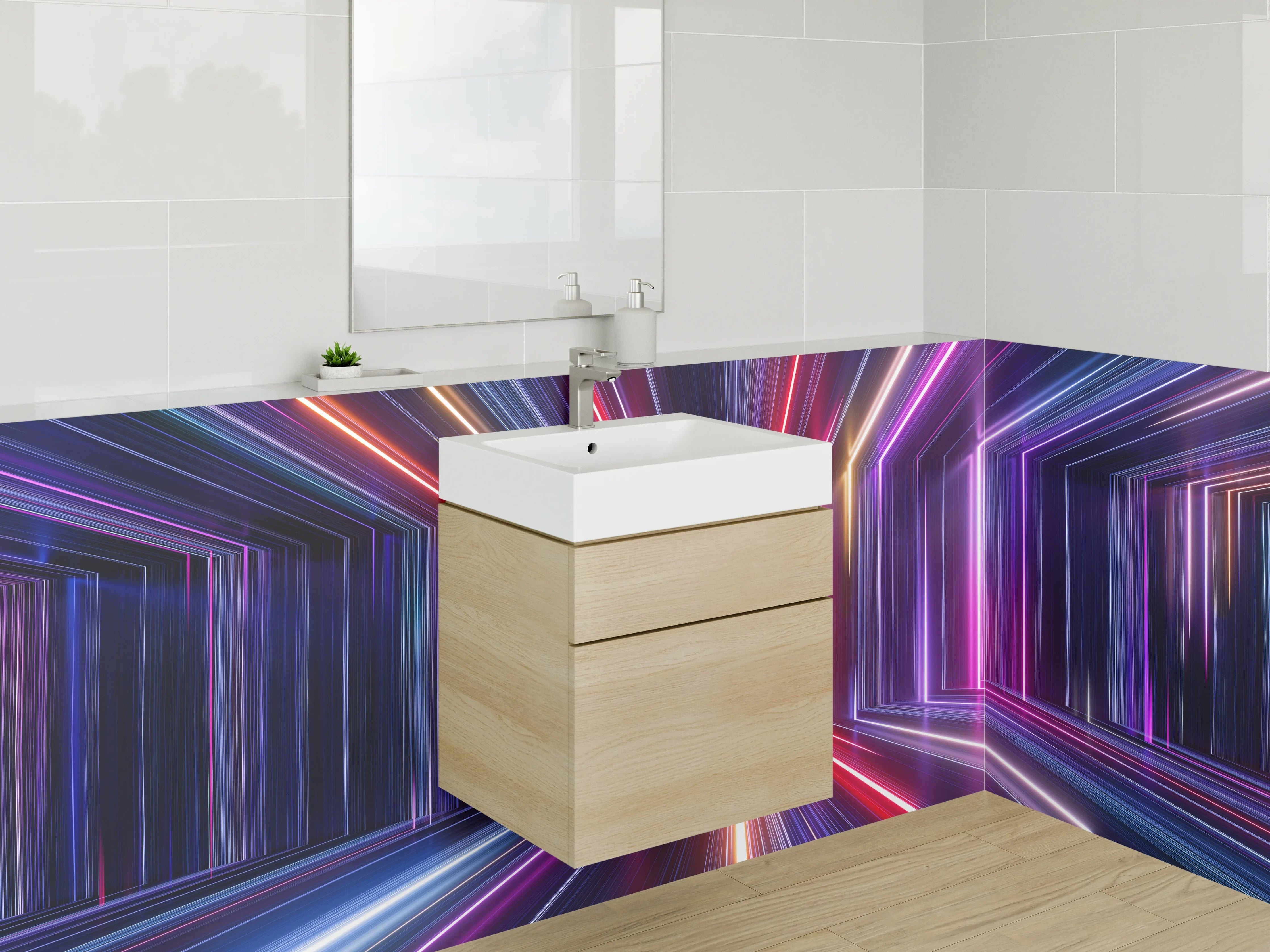 Waschbecken-Rückwand - Neonlinien in grauweißer Abstraktion