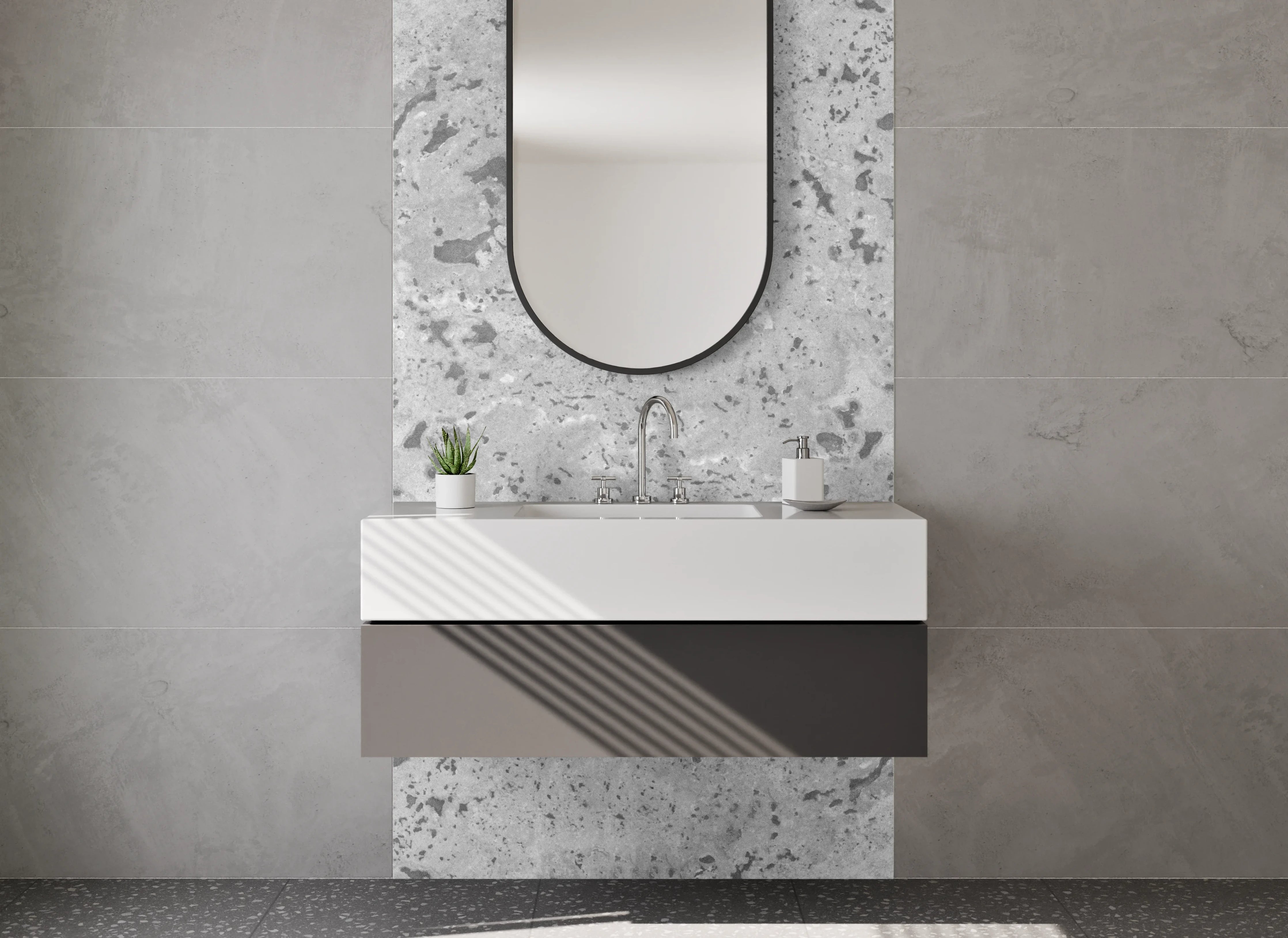 Waschbecken-Rückwand - Neutrale Grau- und Weißnuancen