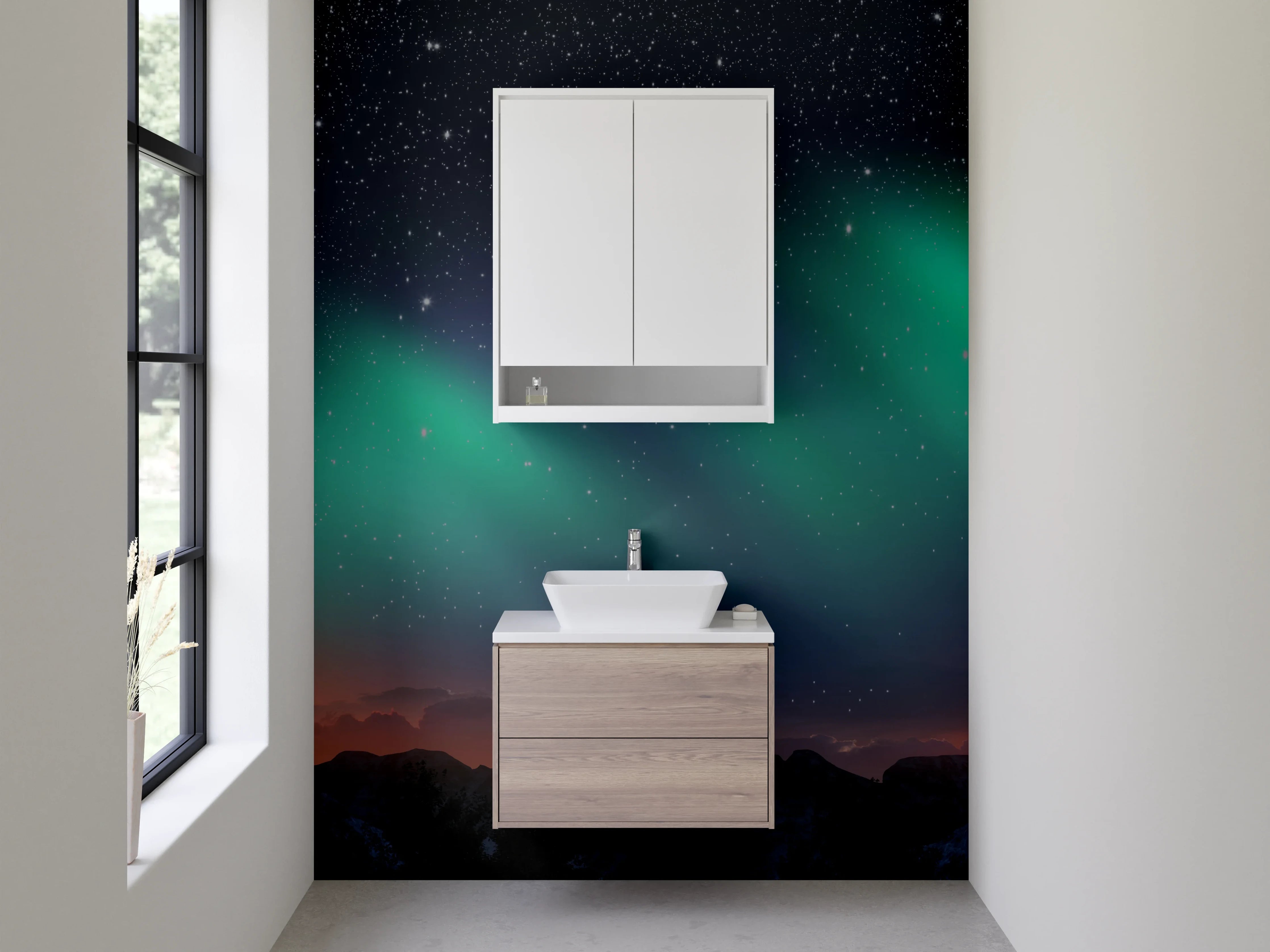 Waschbecken-Rückwand - Nordlichter über Berge bei Nacht
