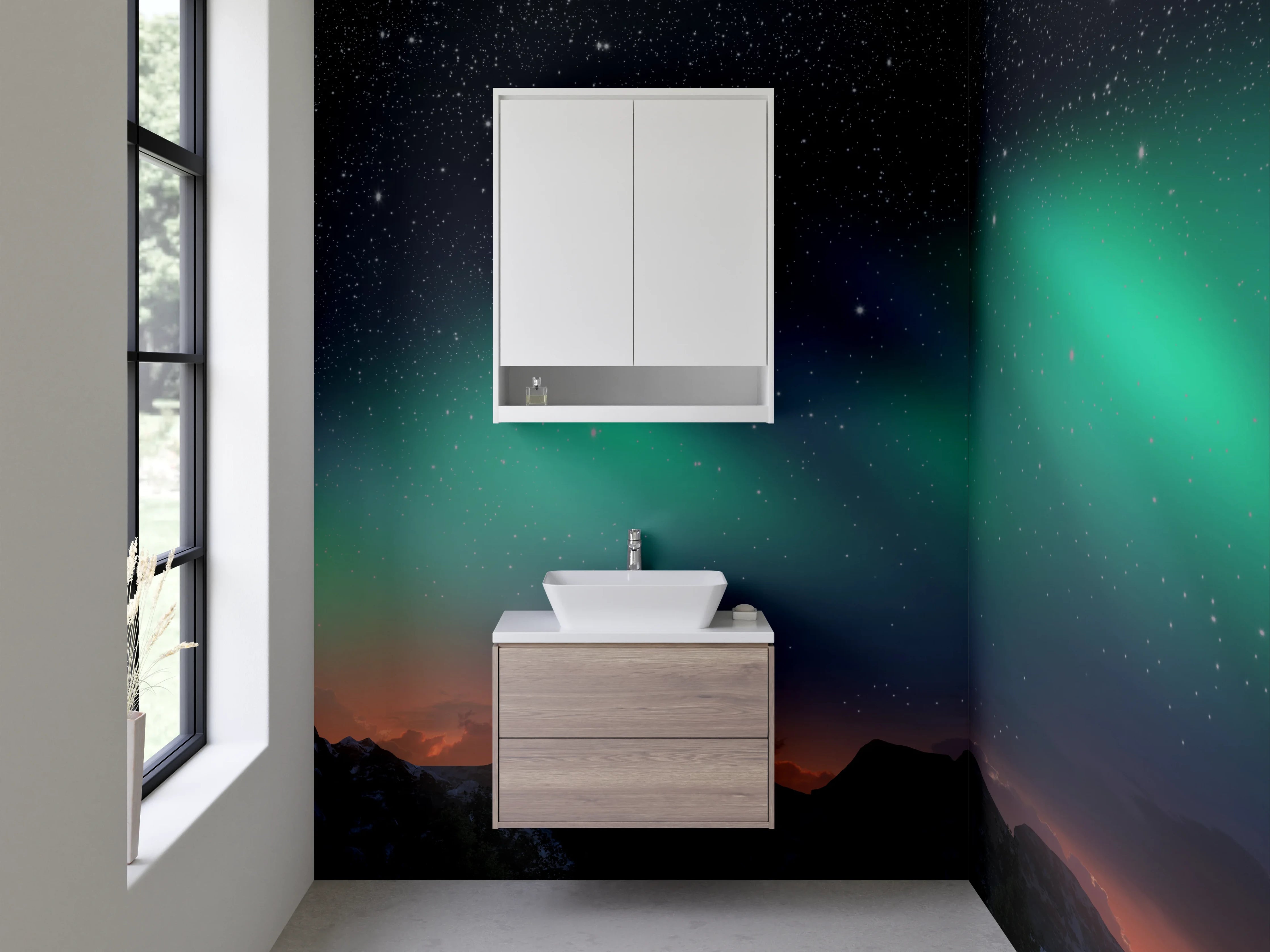 Waschbecken-Rückwand - Nordlichter über Berge bei Nacht