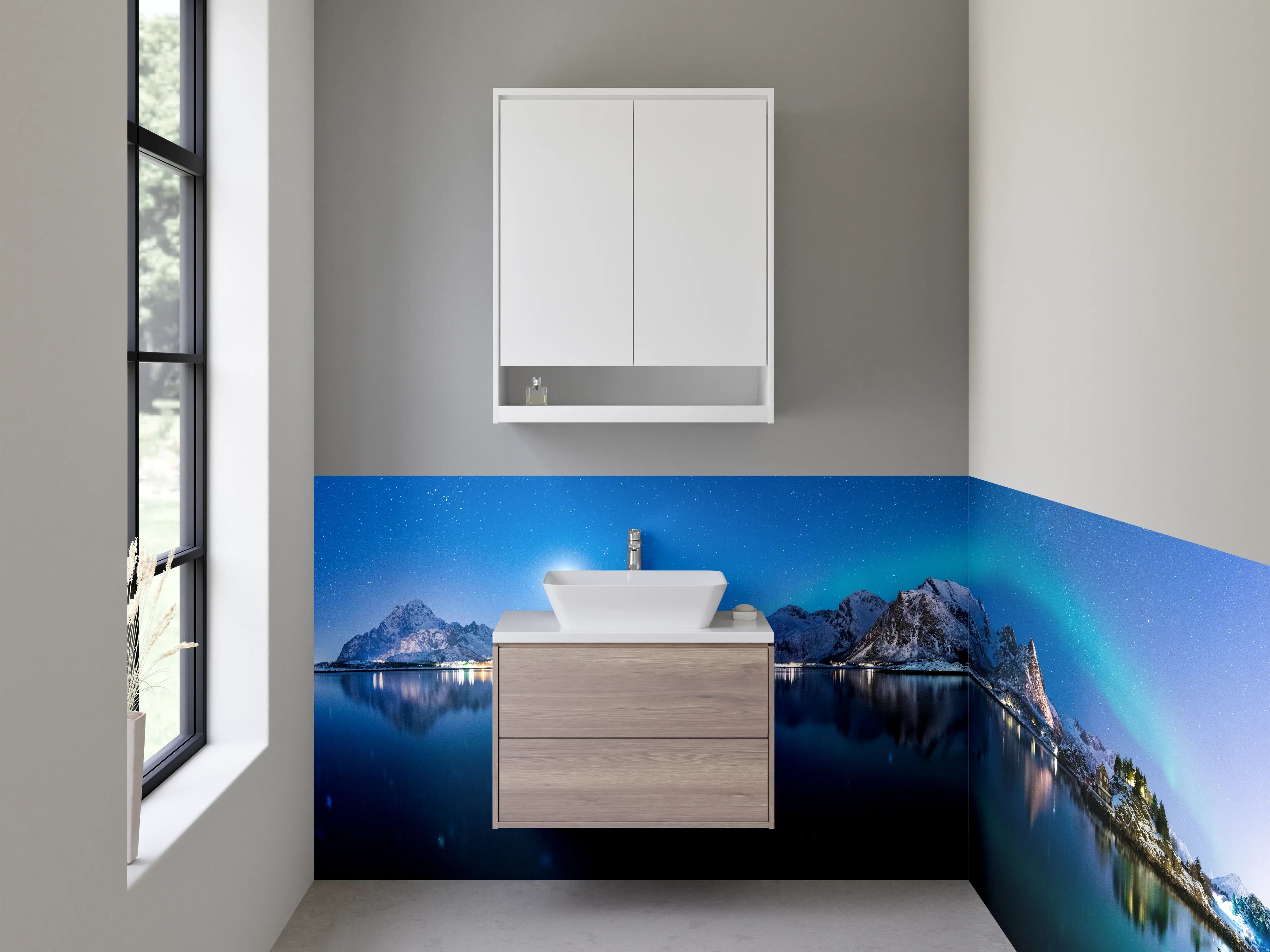 Waschbecken-Rückwand - Nordlichter über Bergsee bei Nacht