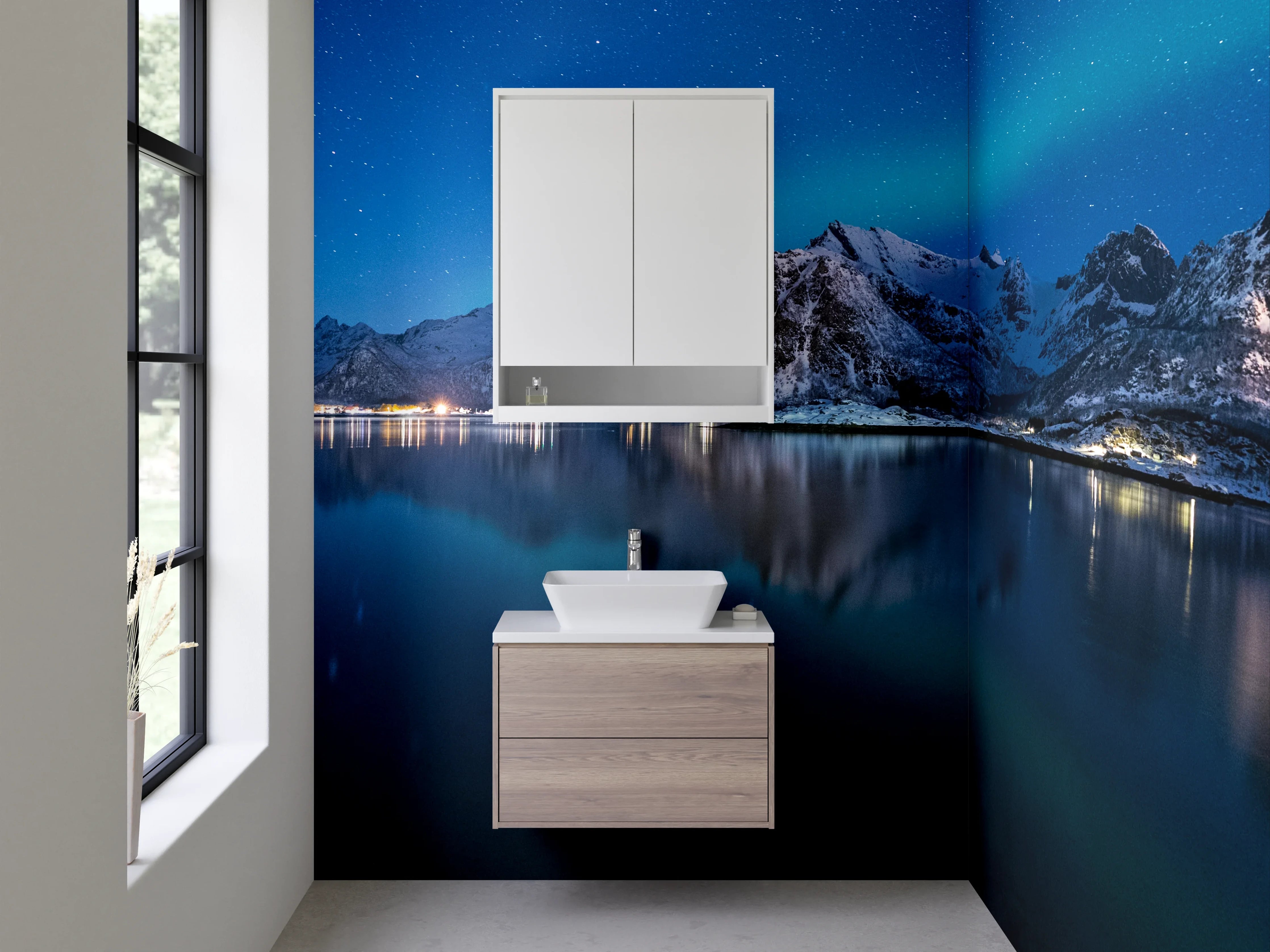 Waschbecken-Rückwand - Nordlichter über Bergsee bei Nacht