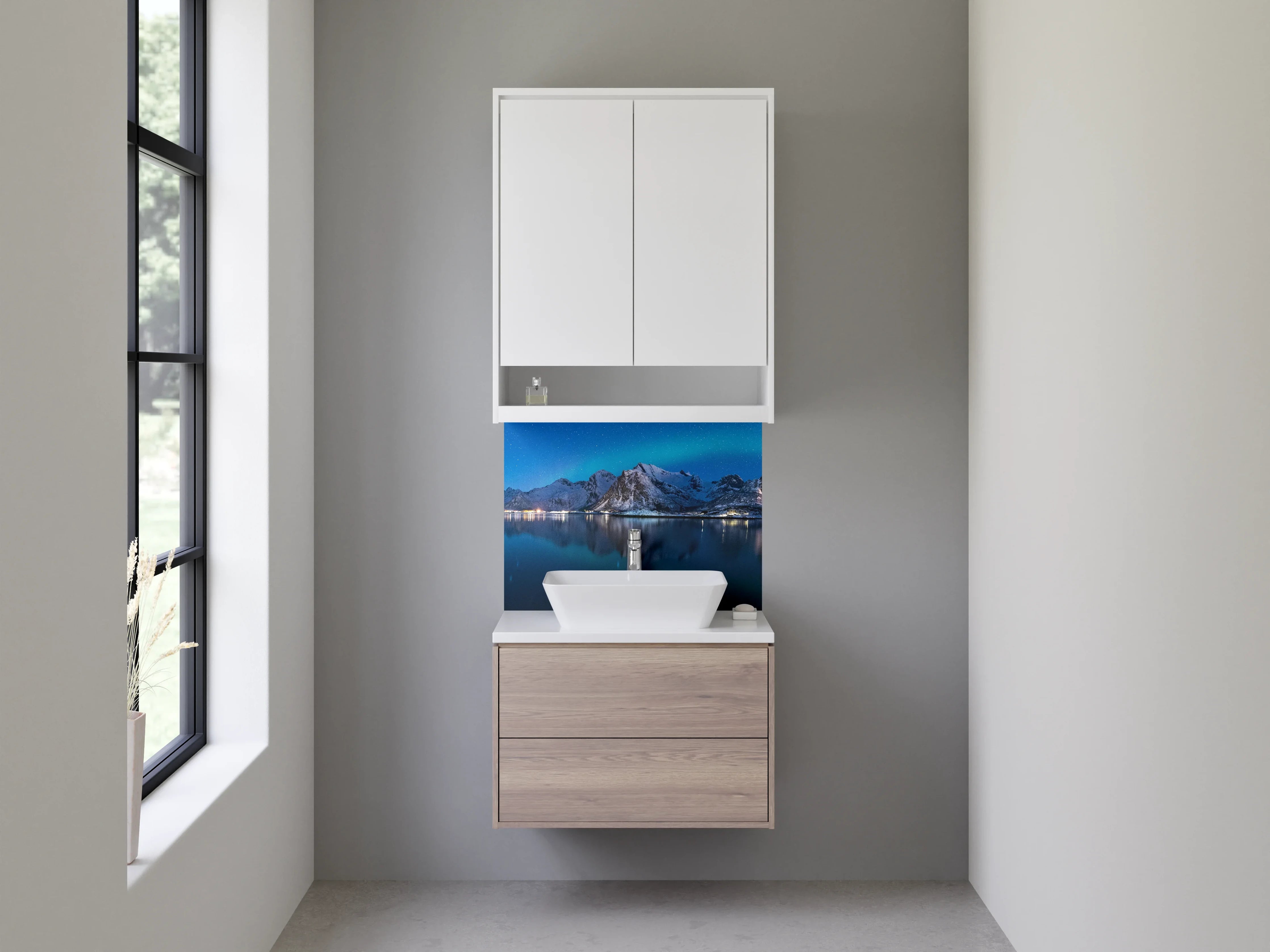 Waschbecken-Rückwand - Nordlichter über Bergsee bei Nacht