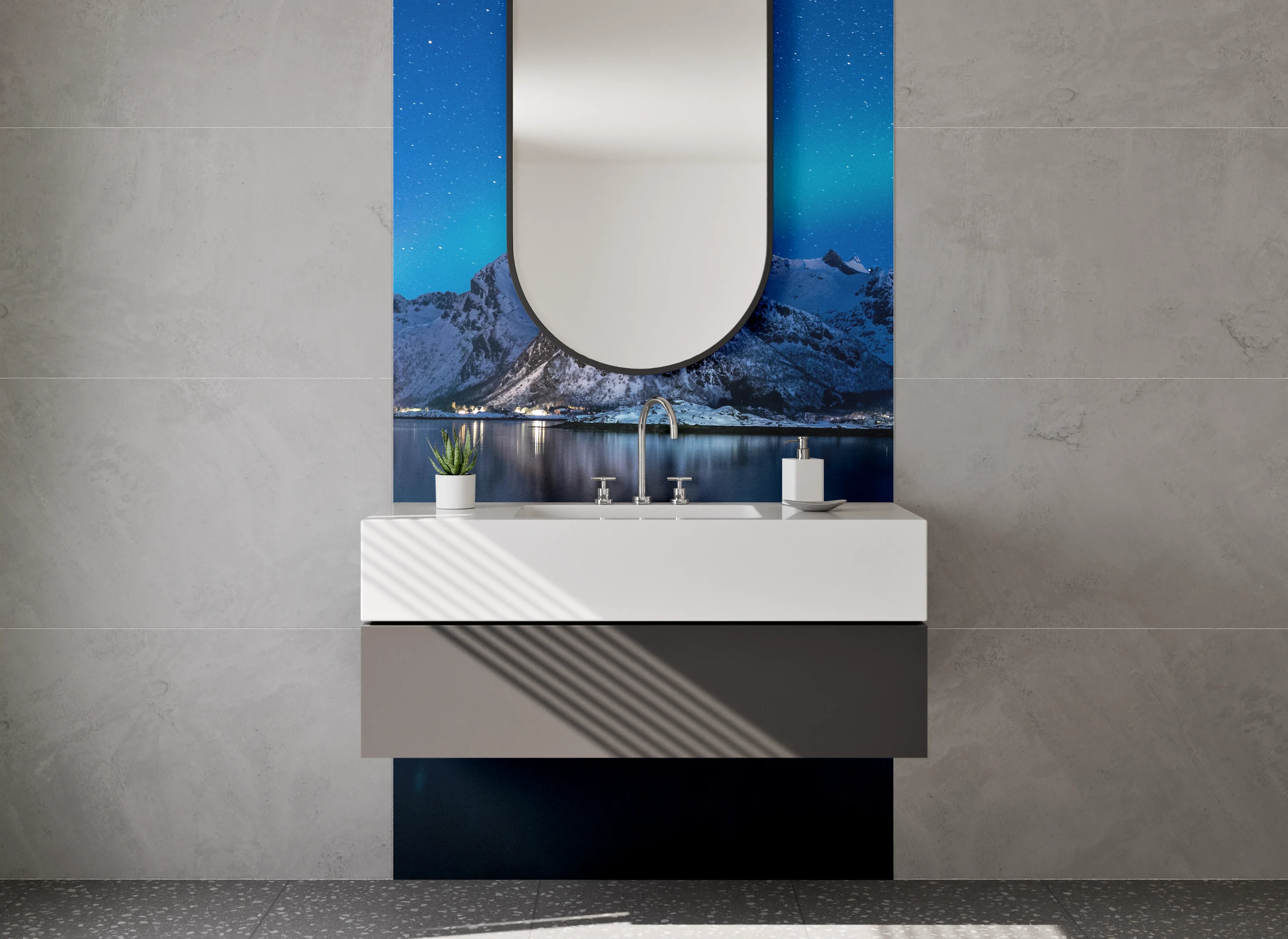 Waschbecken-Rückwand - Nordlichter über Bergsee bei Nacht