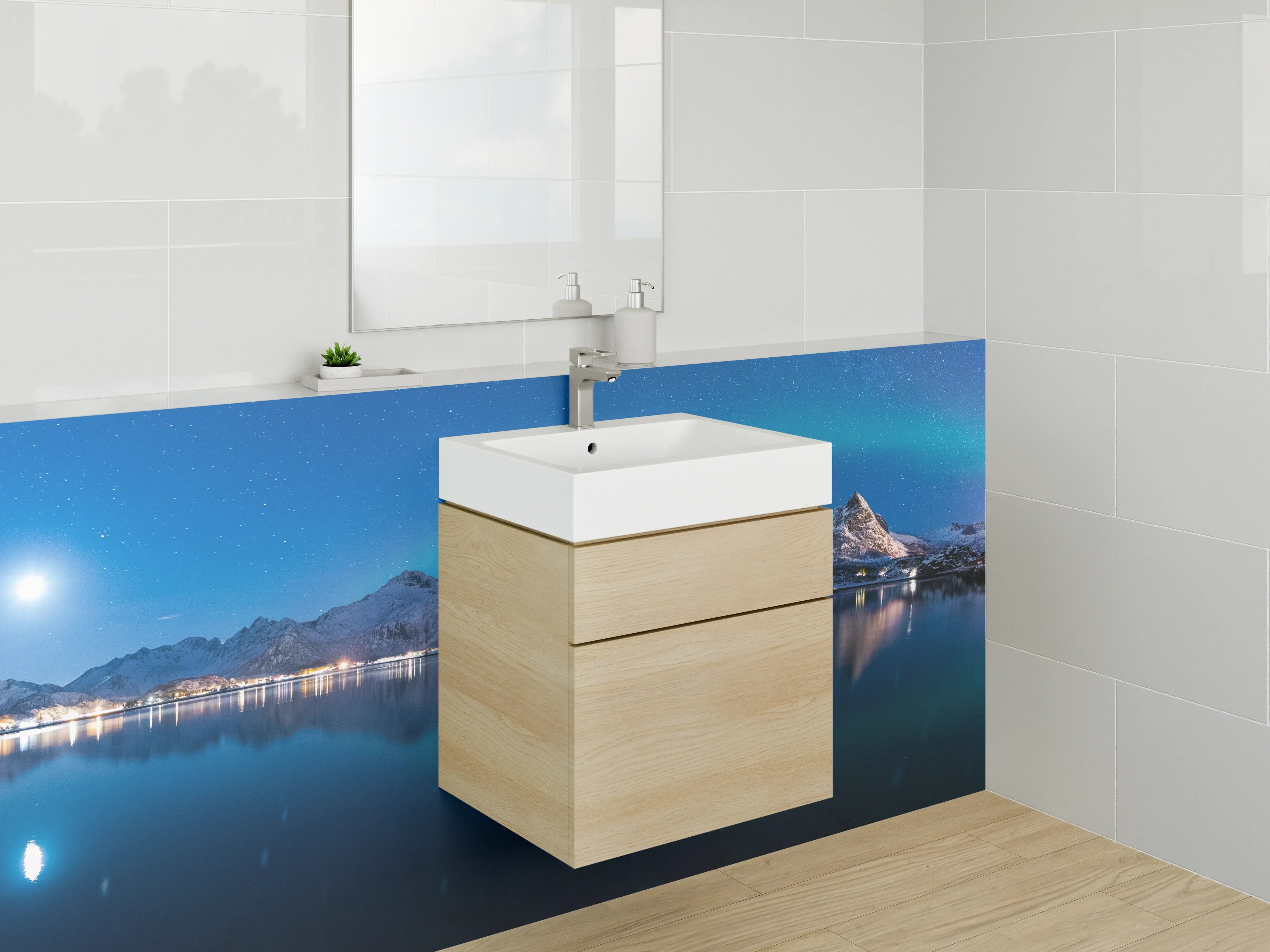 Waschbecken-Rückwand - Nordlichter über Bergsee bei Nacht