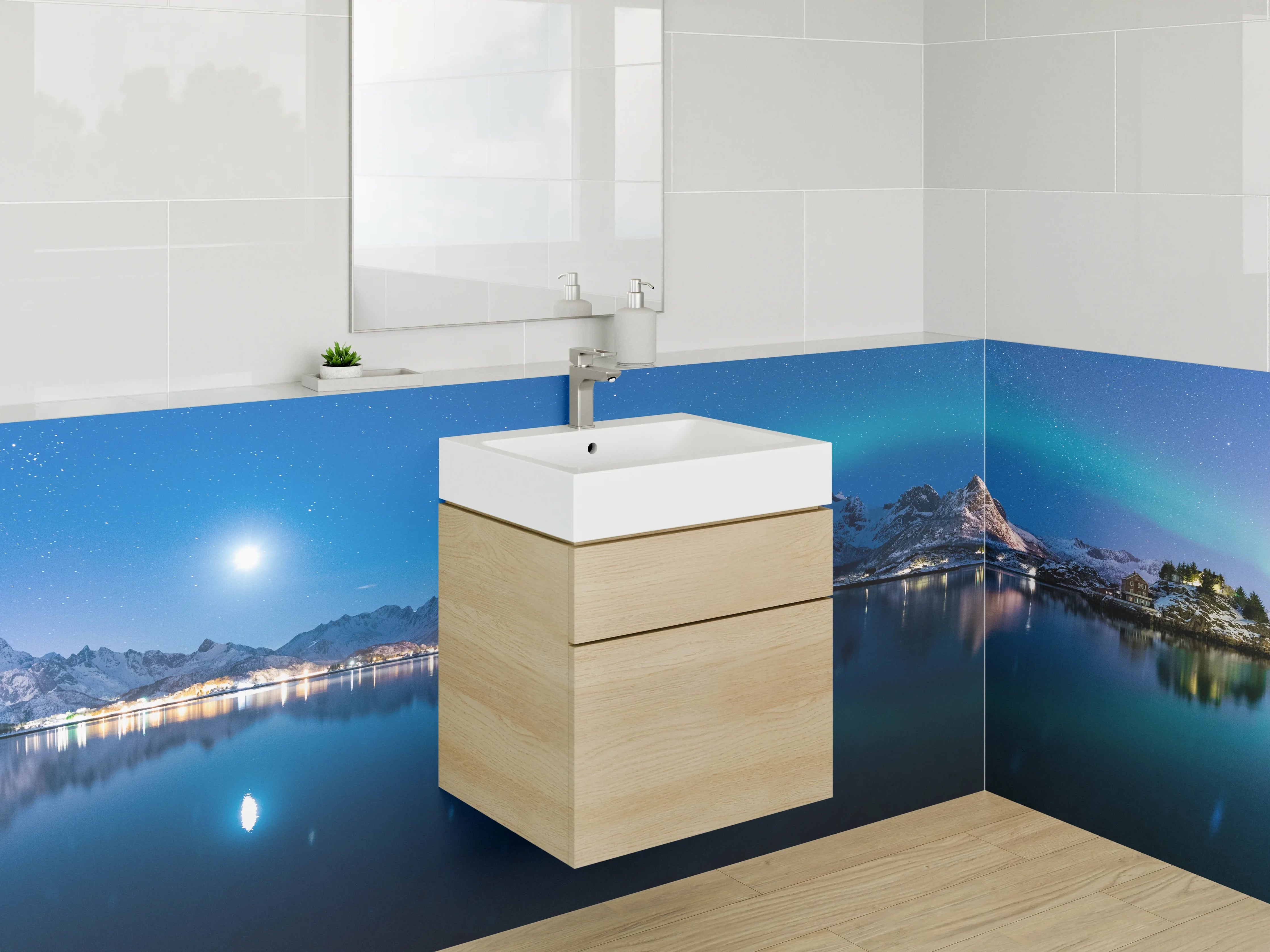 Waschbecken-Rückwand - Nordlichter über Bergsee bei Nacht