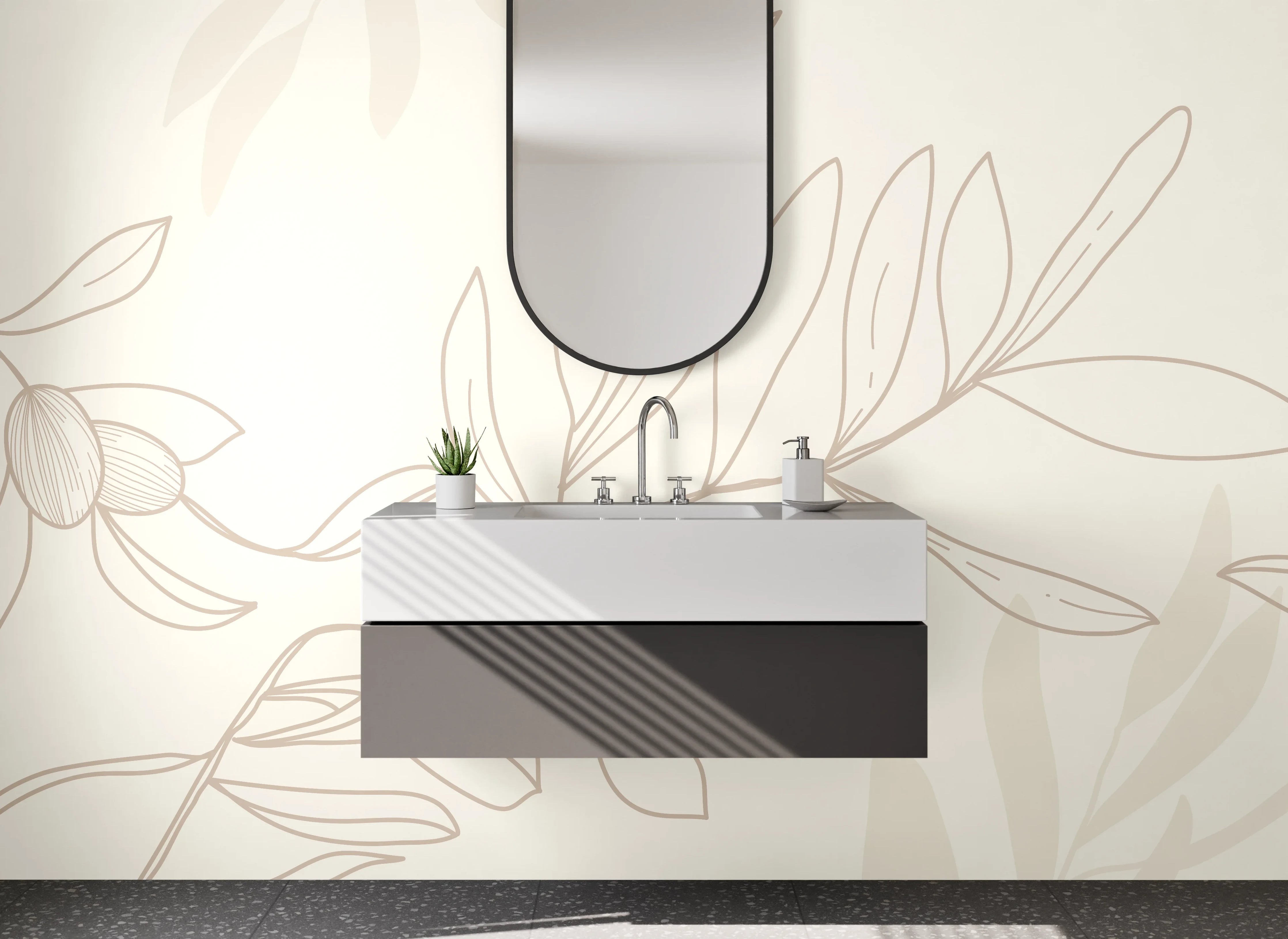 Waschbecken-Rückwand - Olivenzweige Lineart Beige Weiß