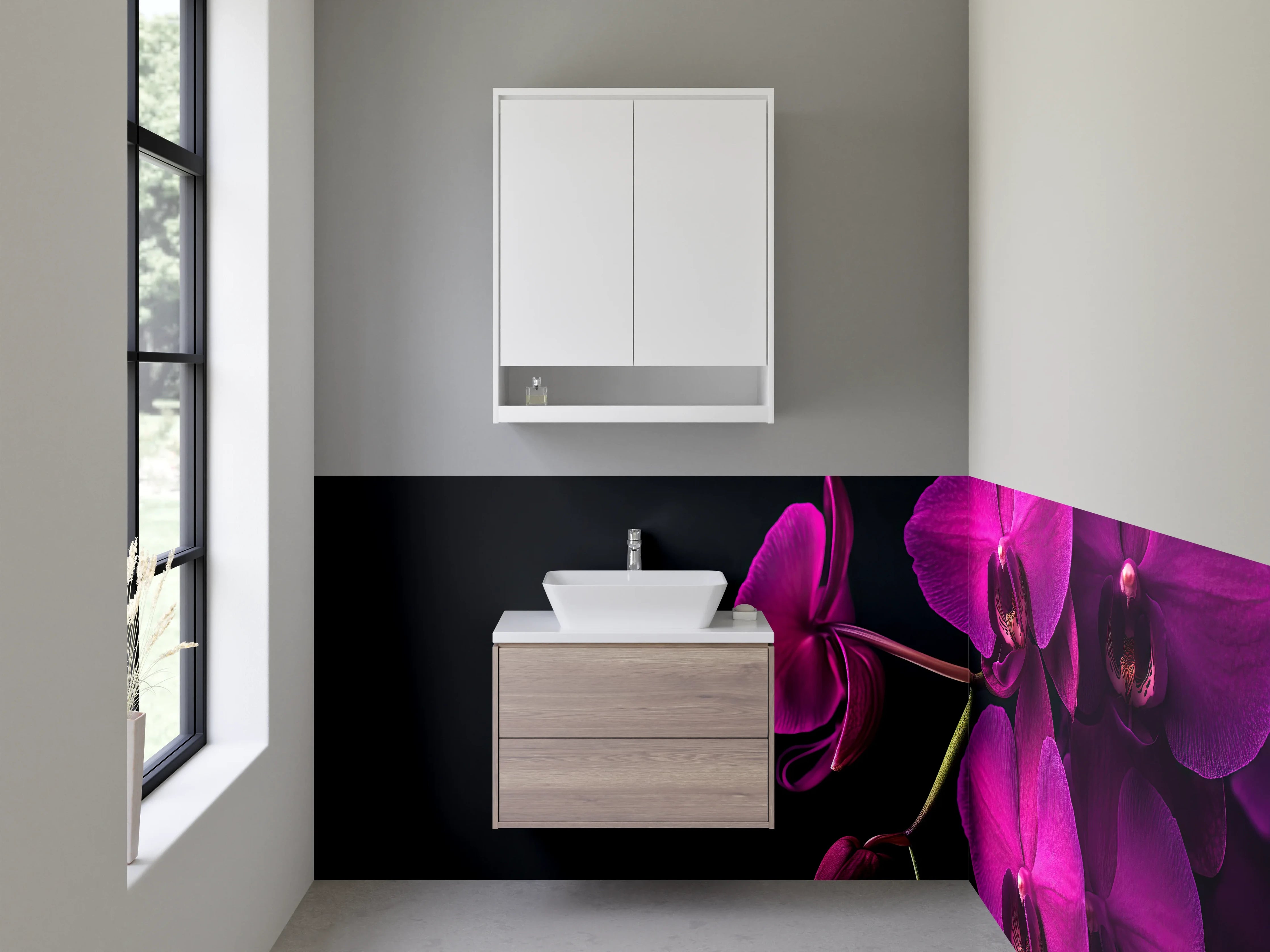 Waschbecken-Rückwand - Orchidee Lila – Blütenpracht für Dein Zuhause