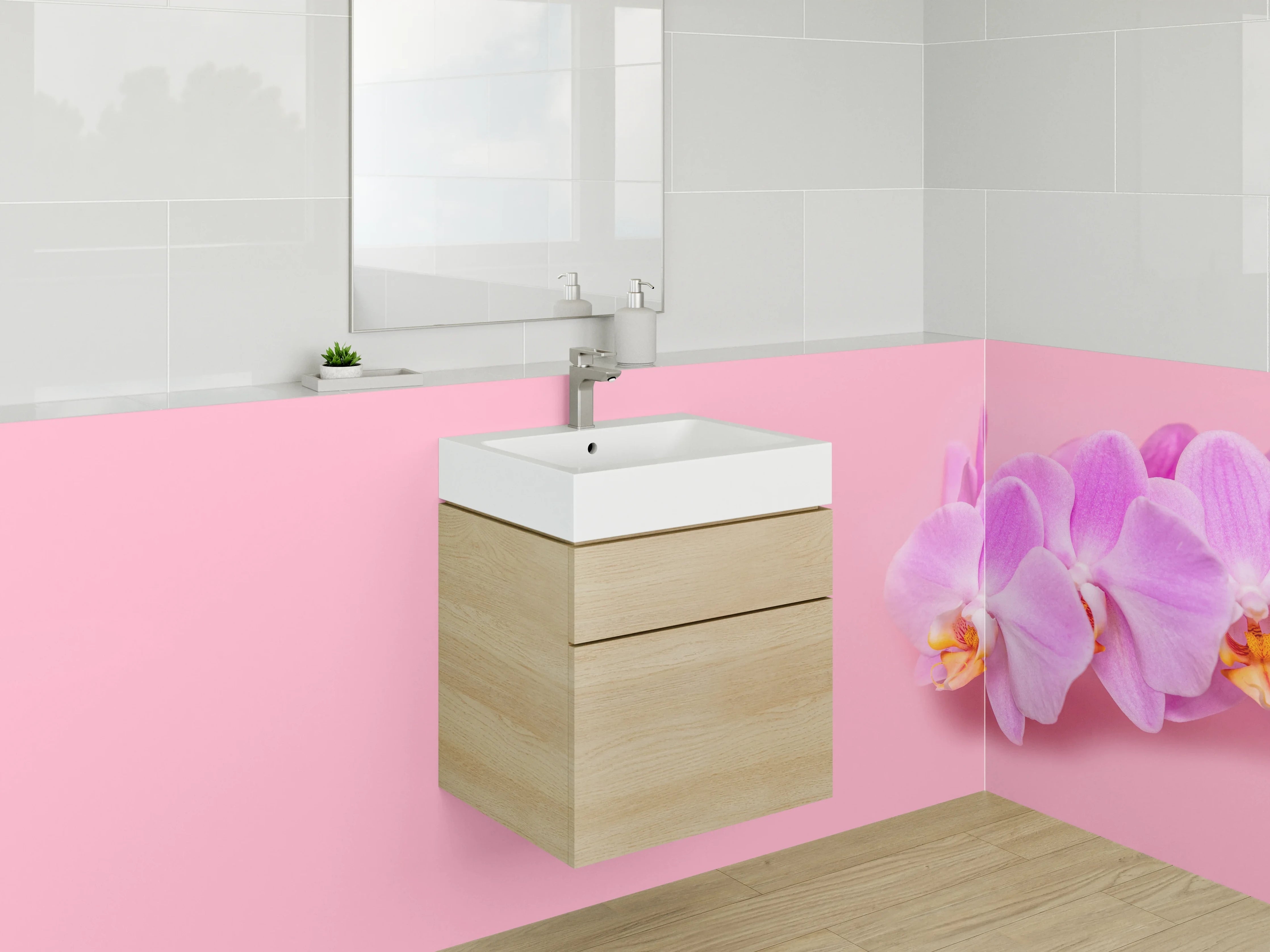 Waschbecken-Rückwand - Orchideenblüten auf Rosa