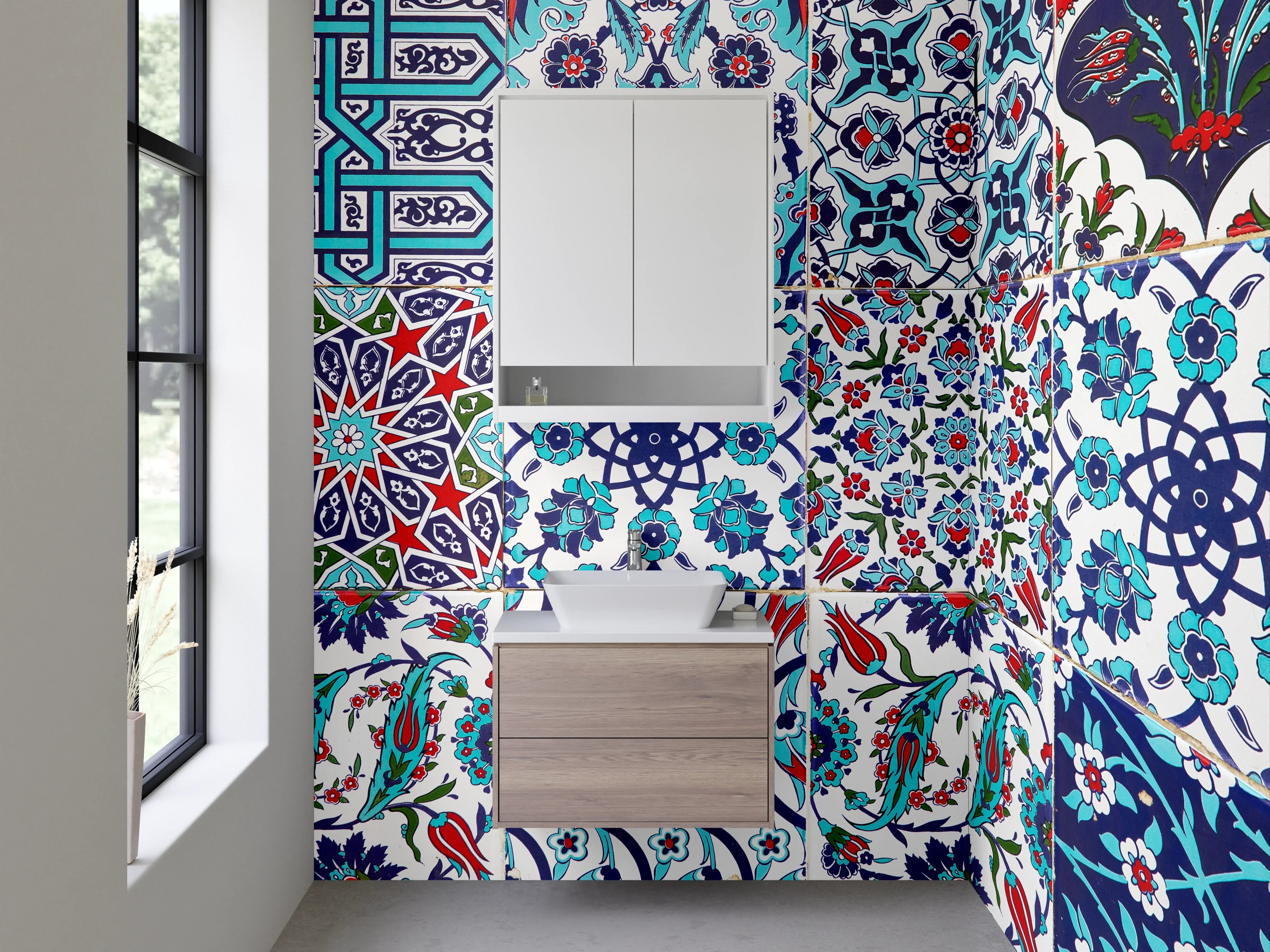 Waschbecken-Rückwand - Orientalische Fliesen Patchwork Blau Rot