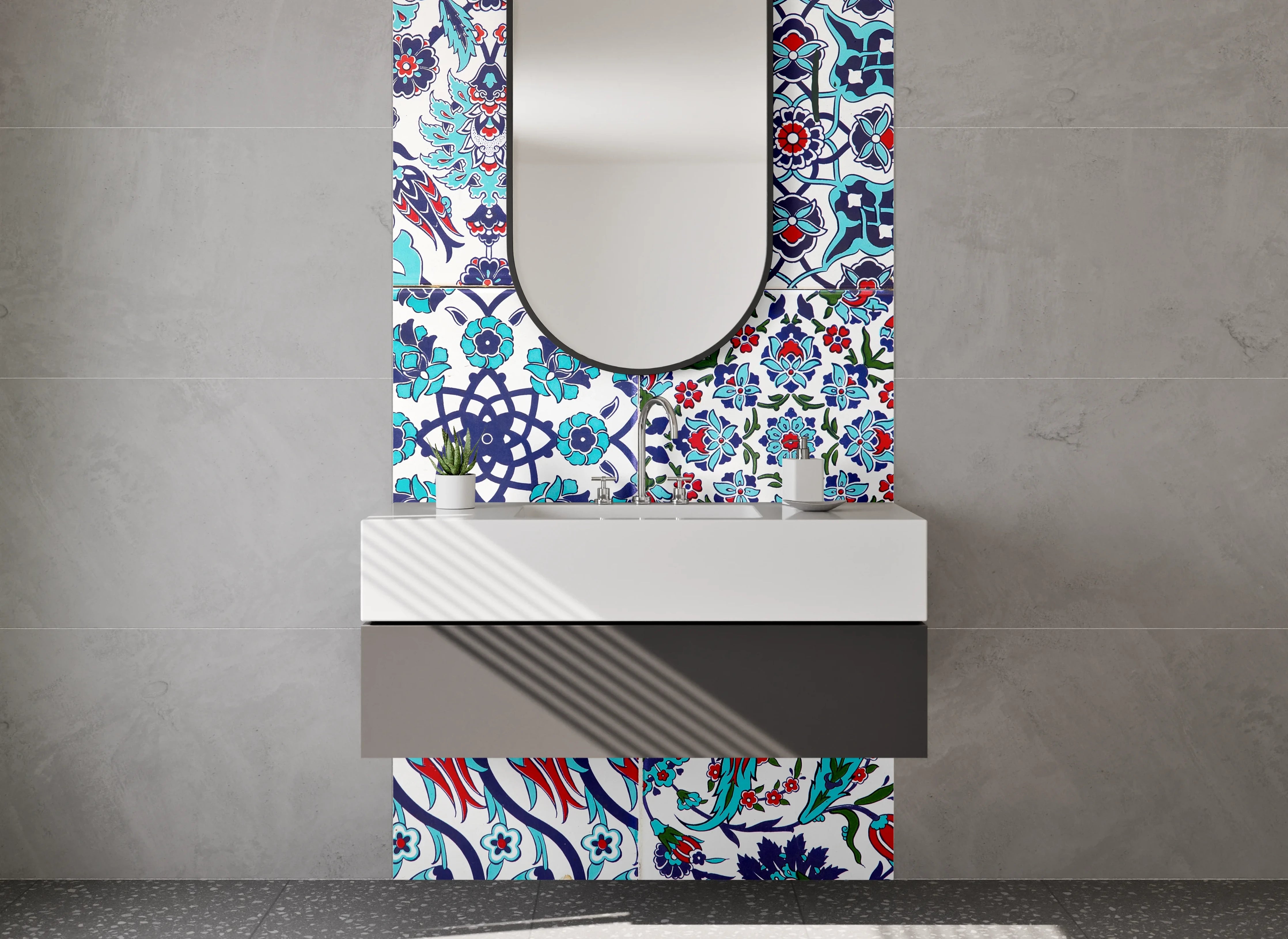 Waschbecken-Rückwand - Orientalische Fliesen Patchwork Blau Rot