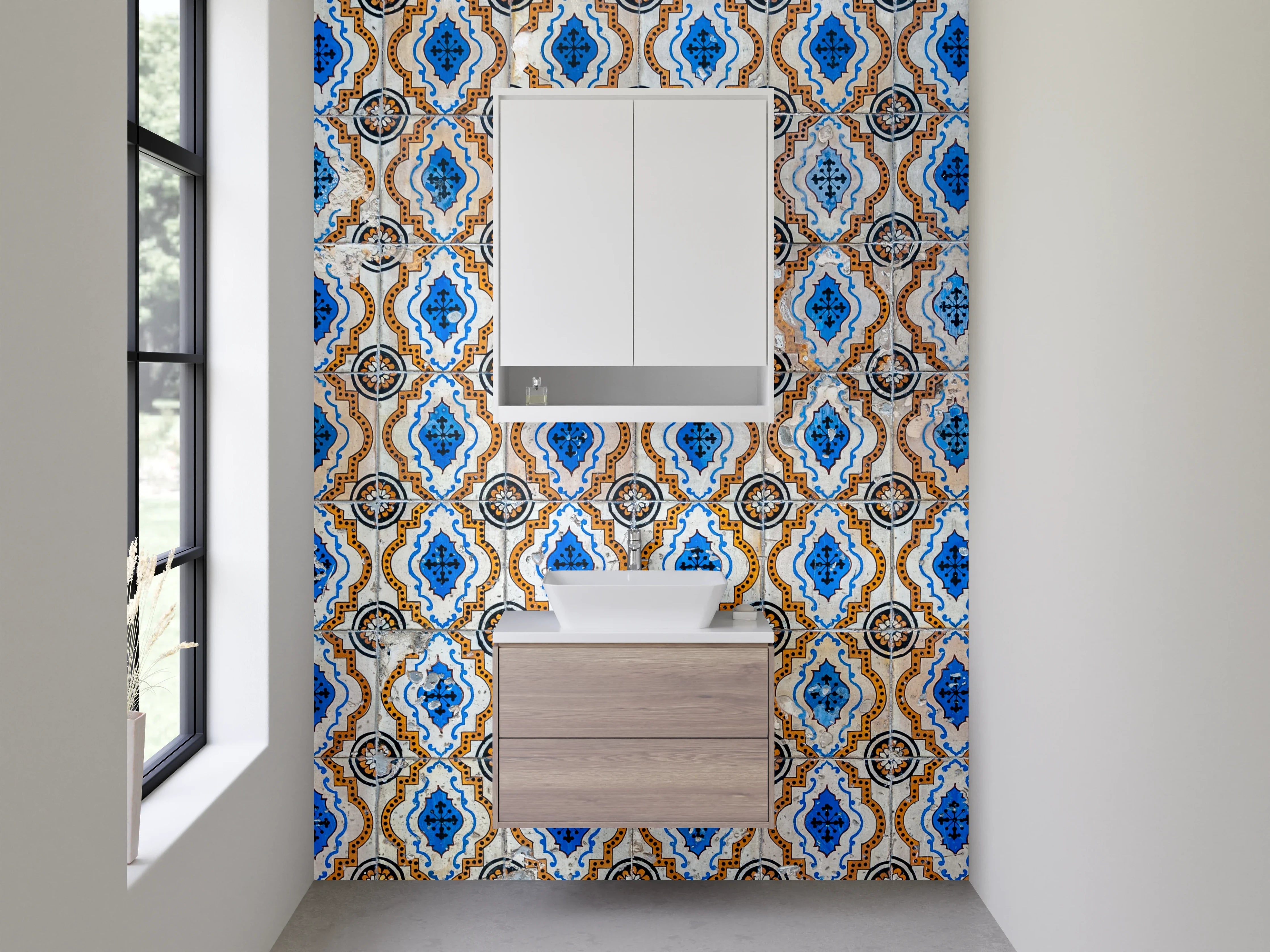 Waschbecken-Rückwand - Orientalische Fliesenmuster Blau Braun Modern