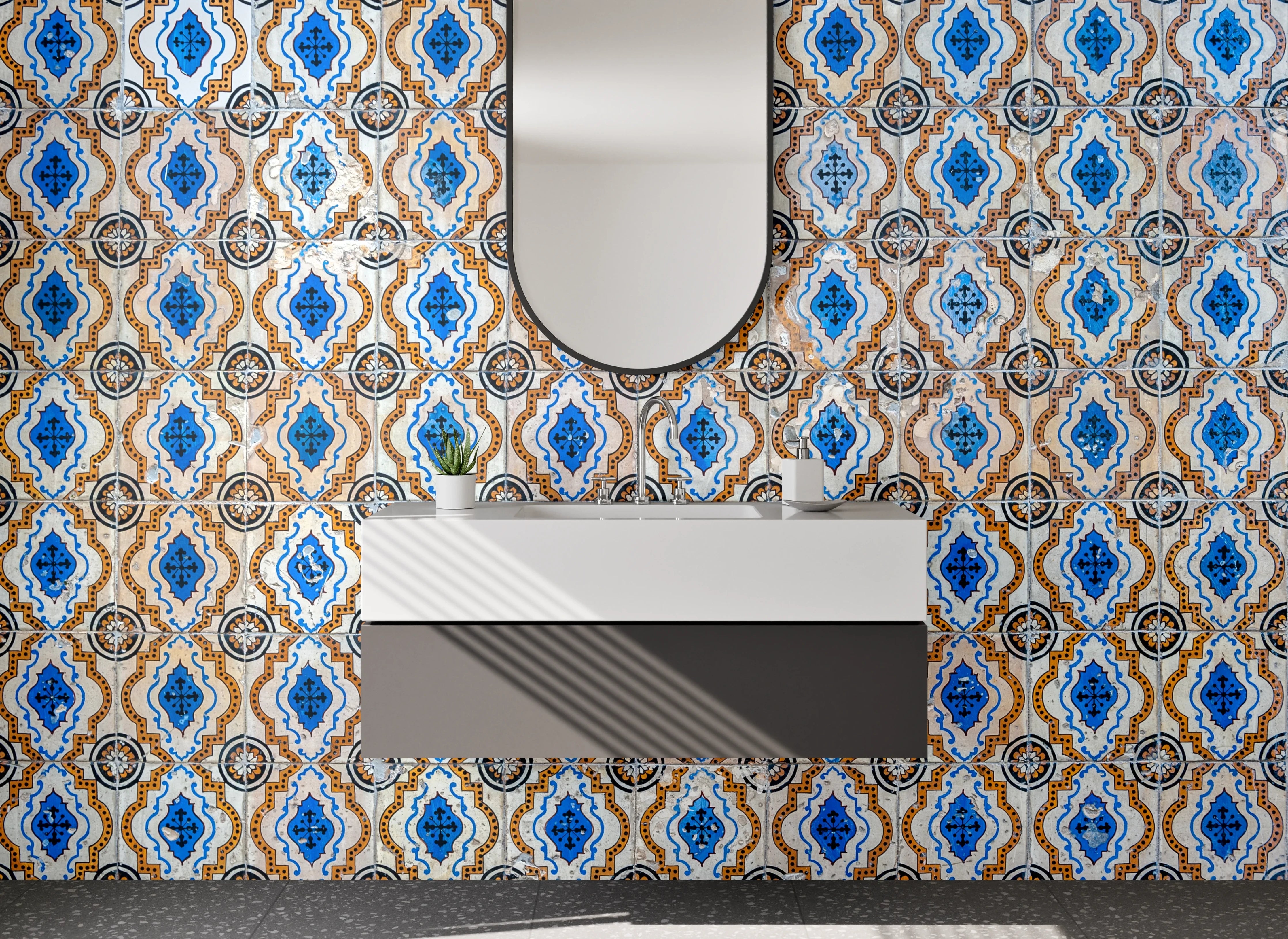 Waschbecken-Rückwand - Orientalische Fliesenmuster Blau Braun Modern