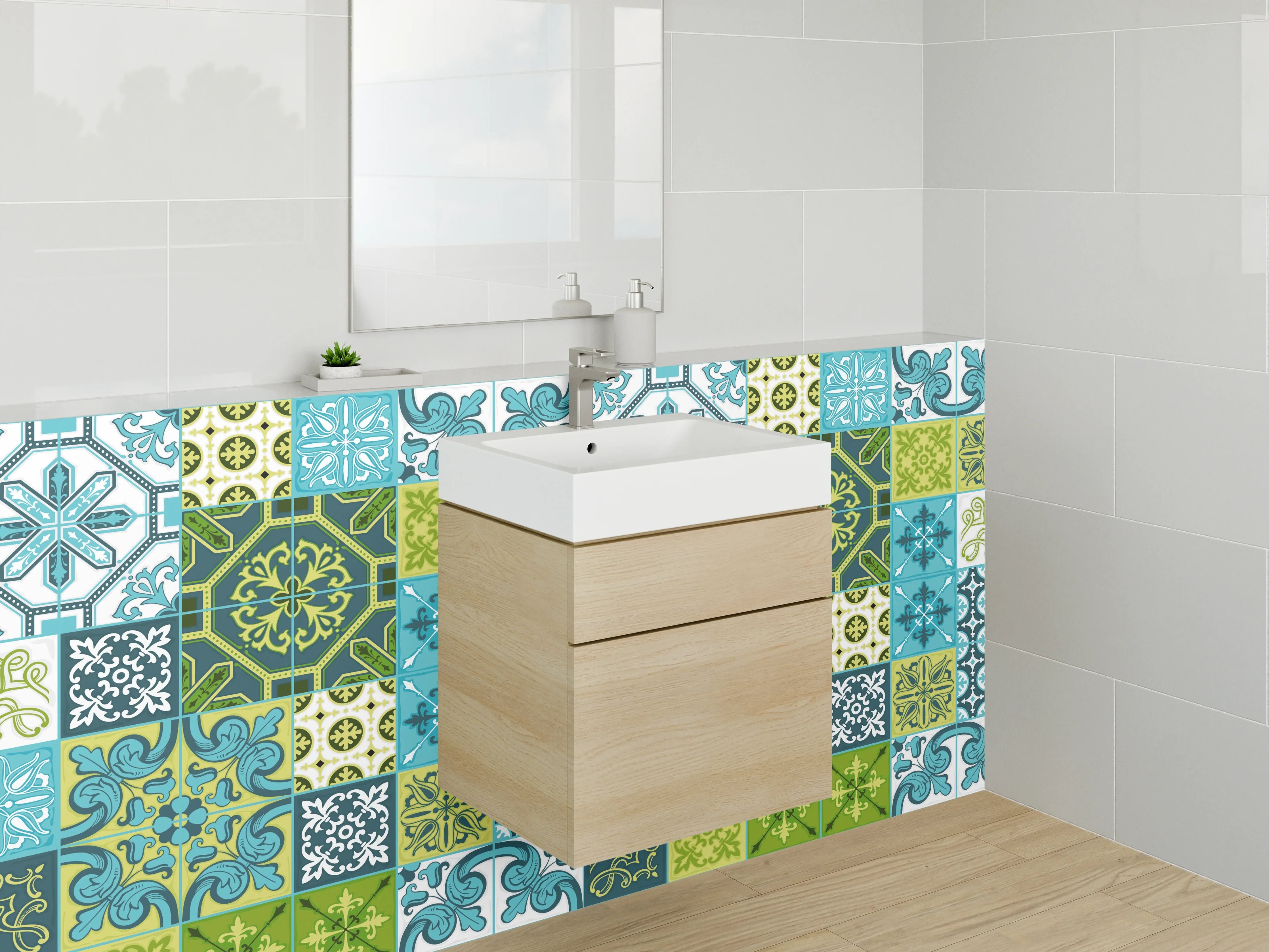 Waschbecken-Rückwand - Orientalische Fliesenmuster Blau Grün Retro