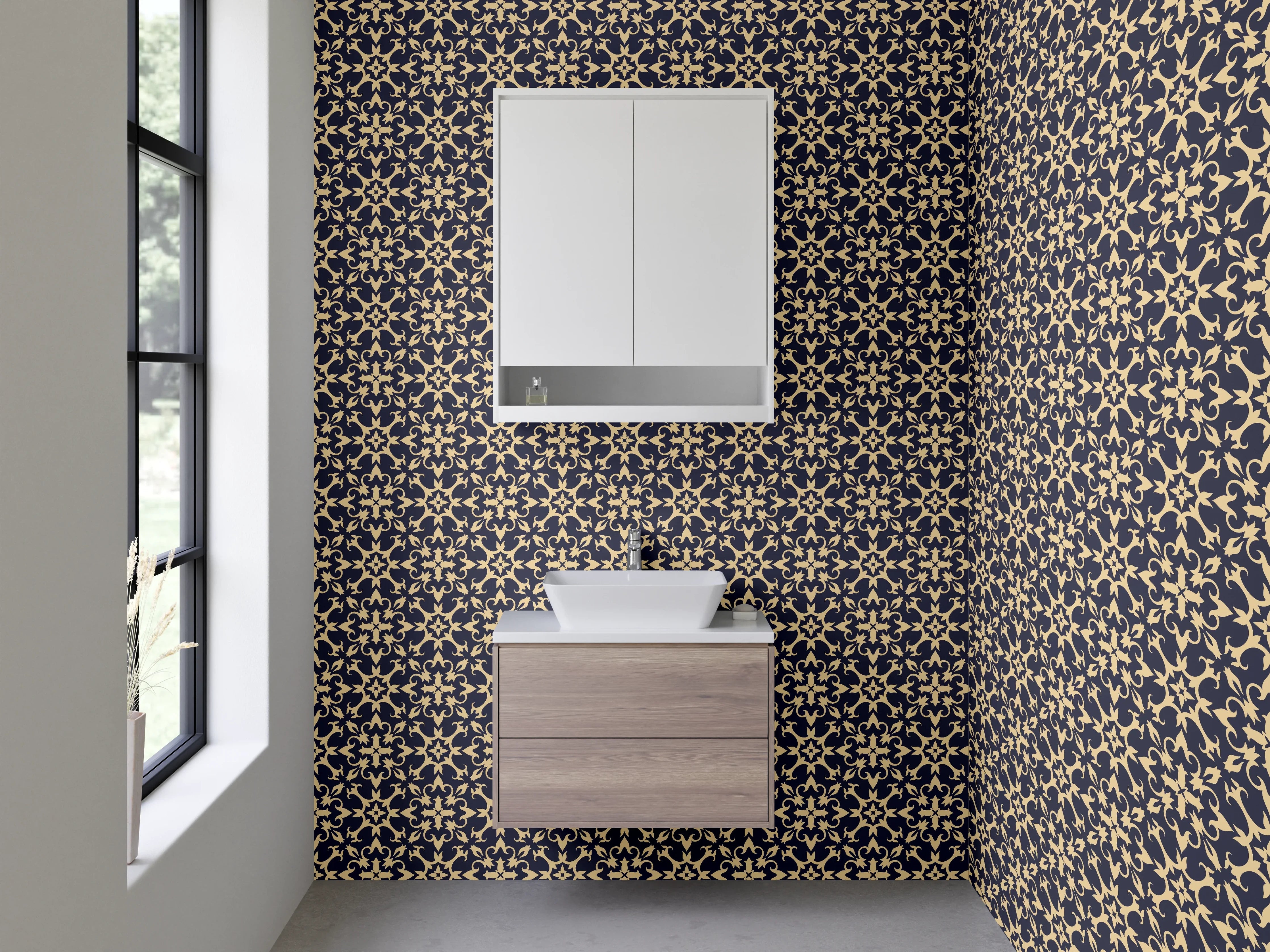Waschbecken-Rückwand - Orientalisches Blumenmuster Blau Beige