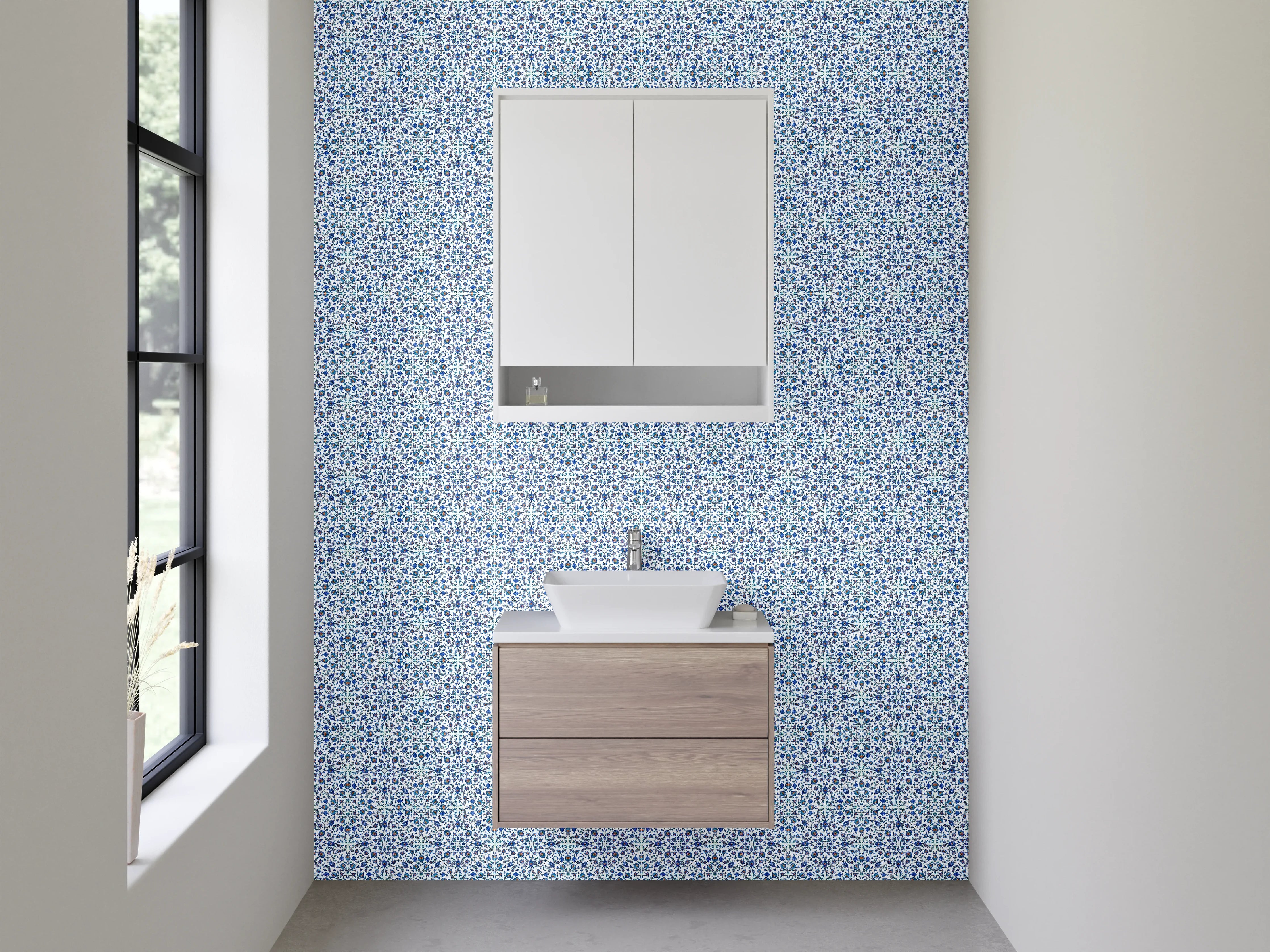 Waschbecken-Rückwand - Orientalisches Blumenmuster Blau Orange