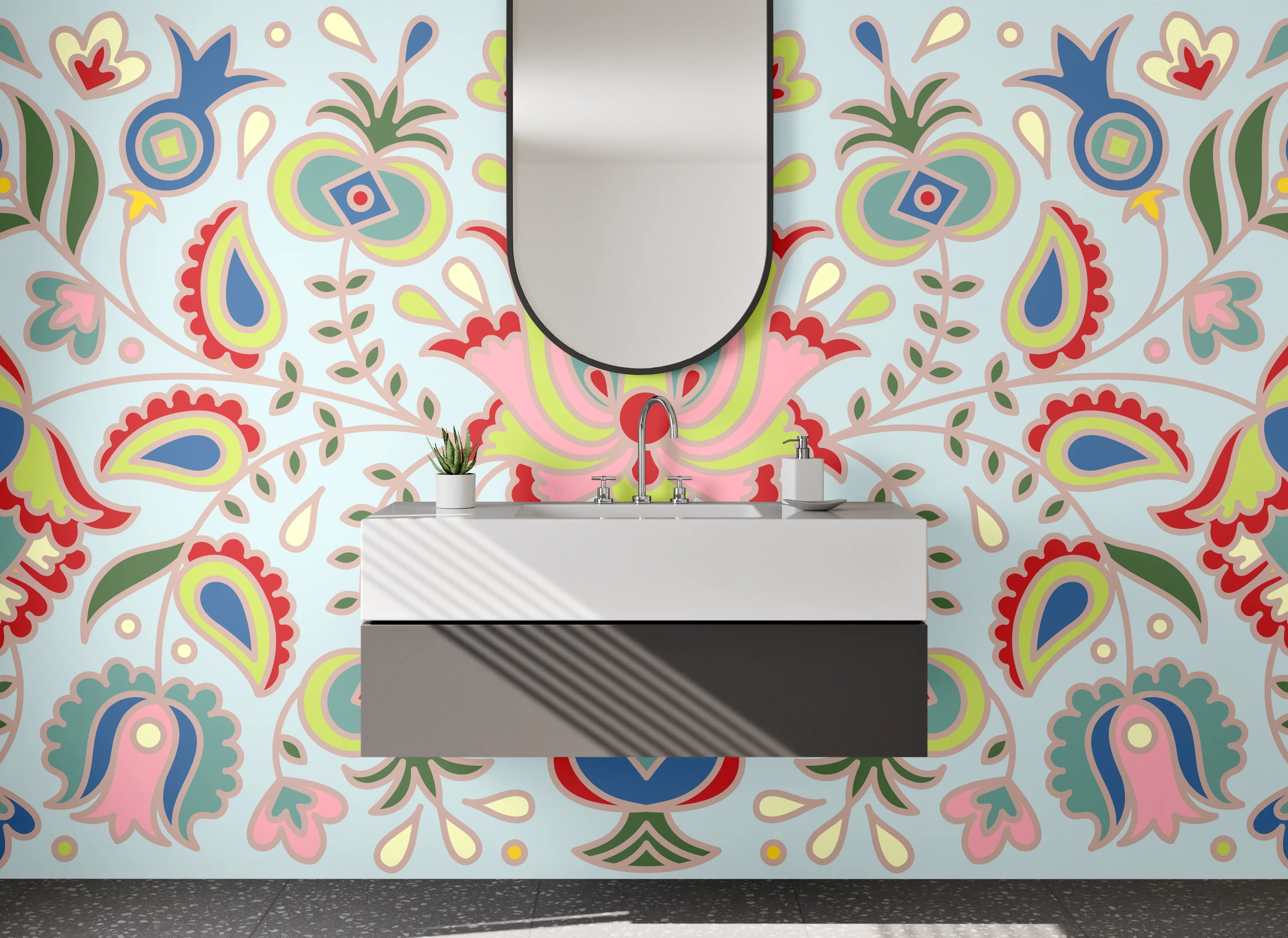Waschbecken-Rückwand - Orientalisches Blumenmuster Retro pastell