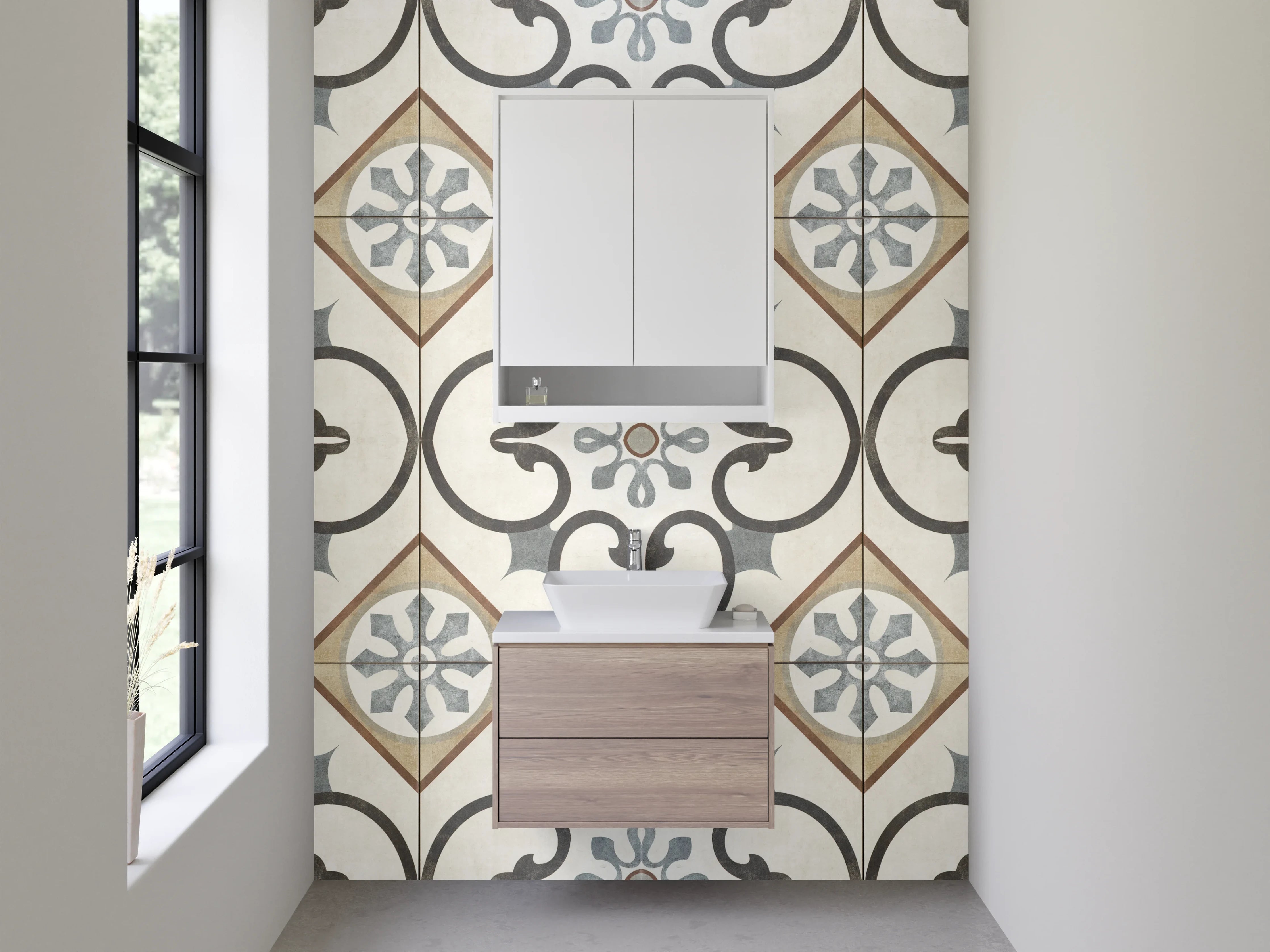 Waschbecken-Rückwand - Orientalisches Fliesenmuster Beige-Grau