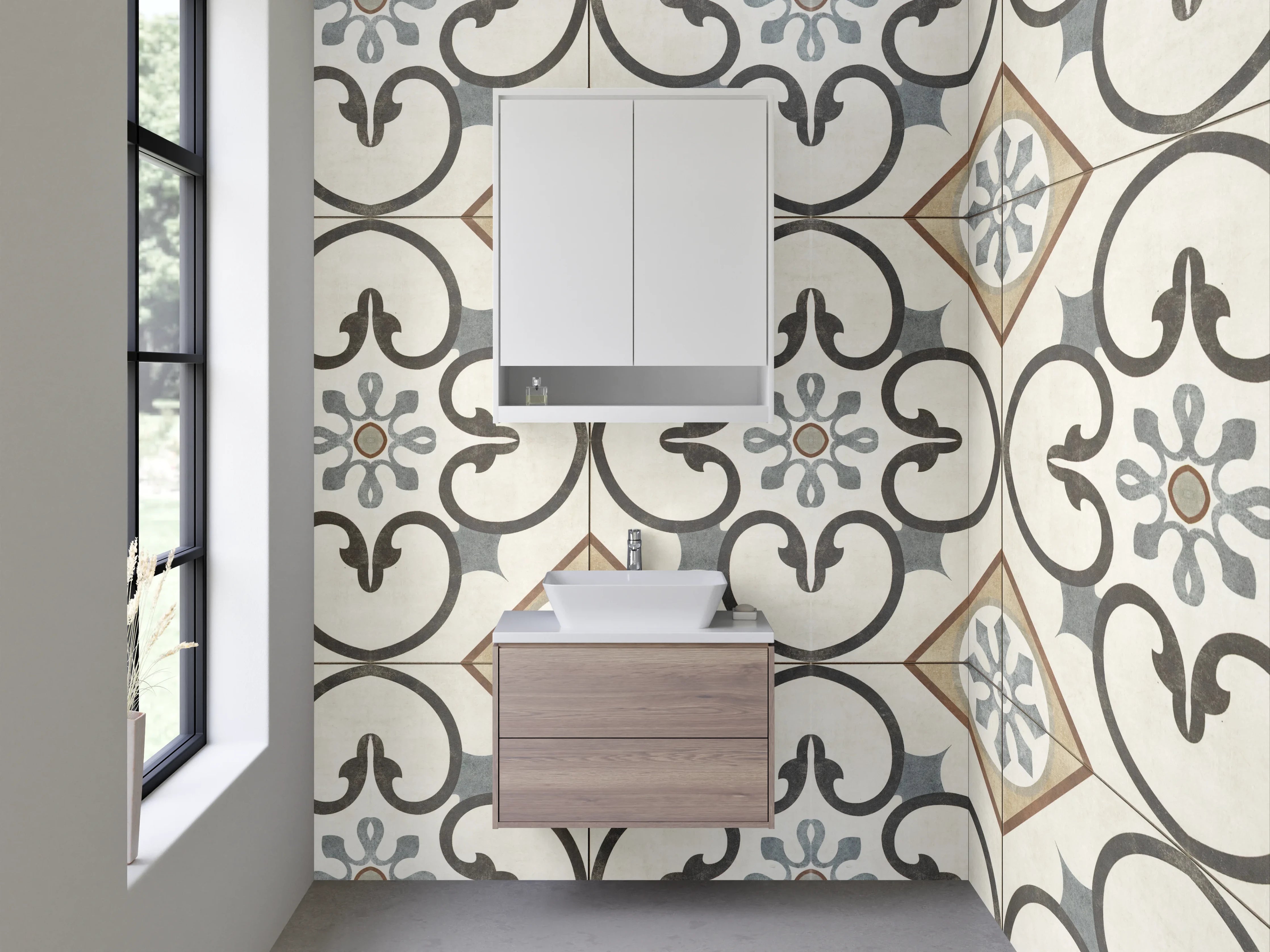 Waschbecken-Rückwand - Orientalisches Fliesenmuster Beige-Grau