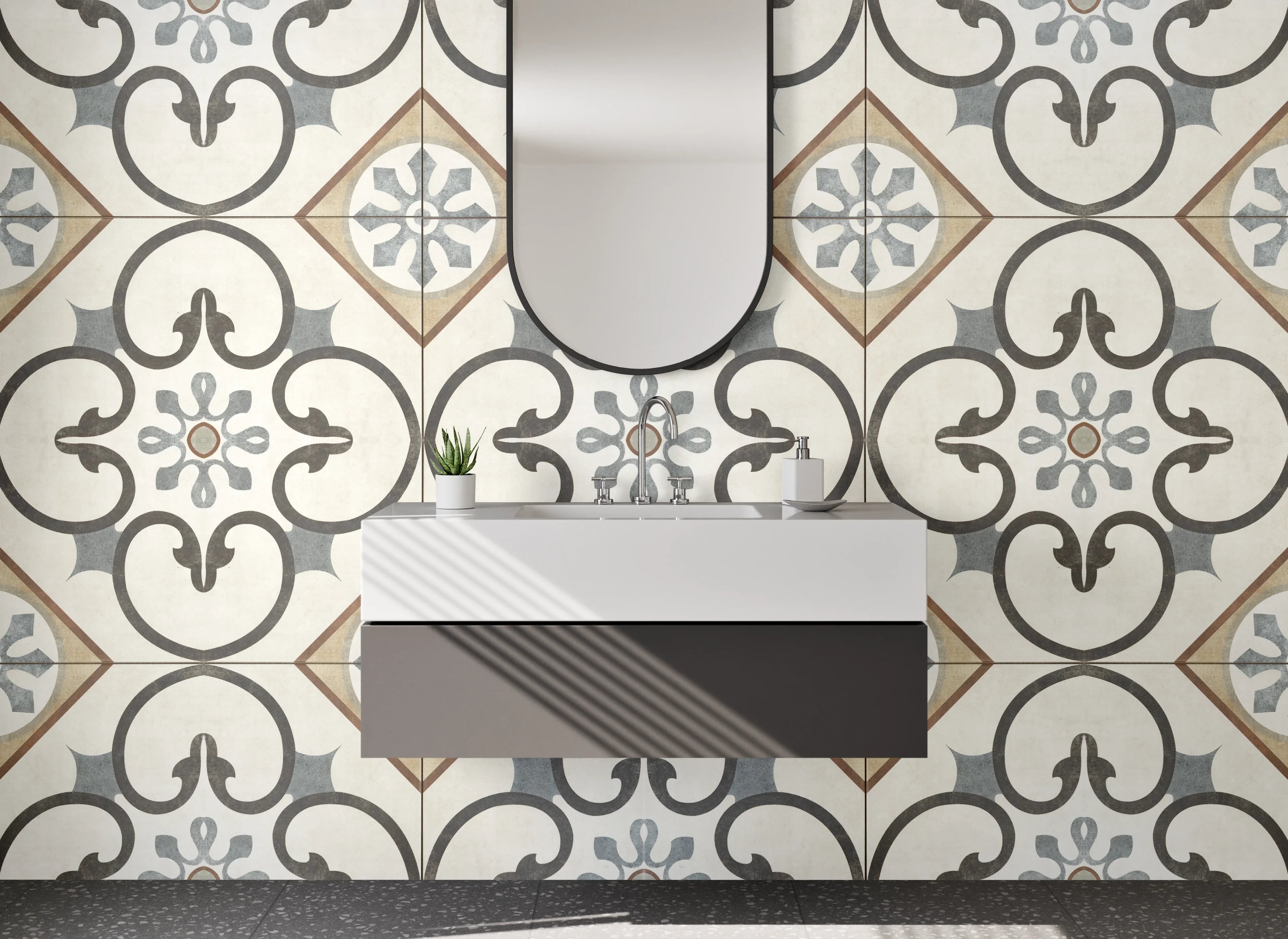 Waschbecken-Rückwand - Orientalisches Fliesenmuster Beige-Grau