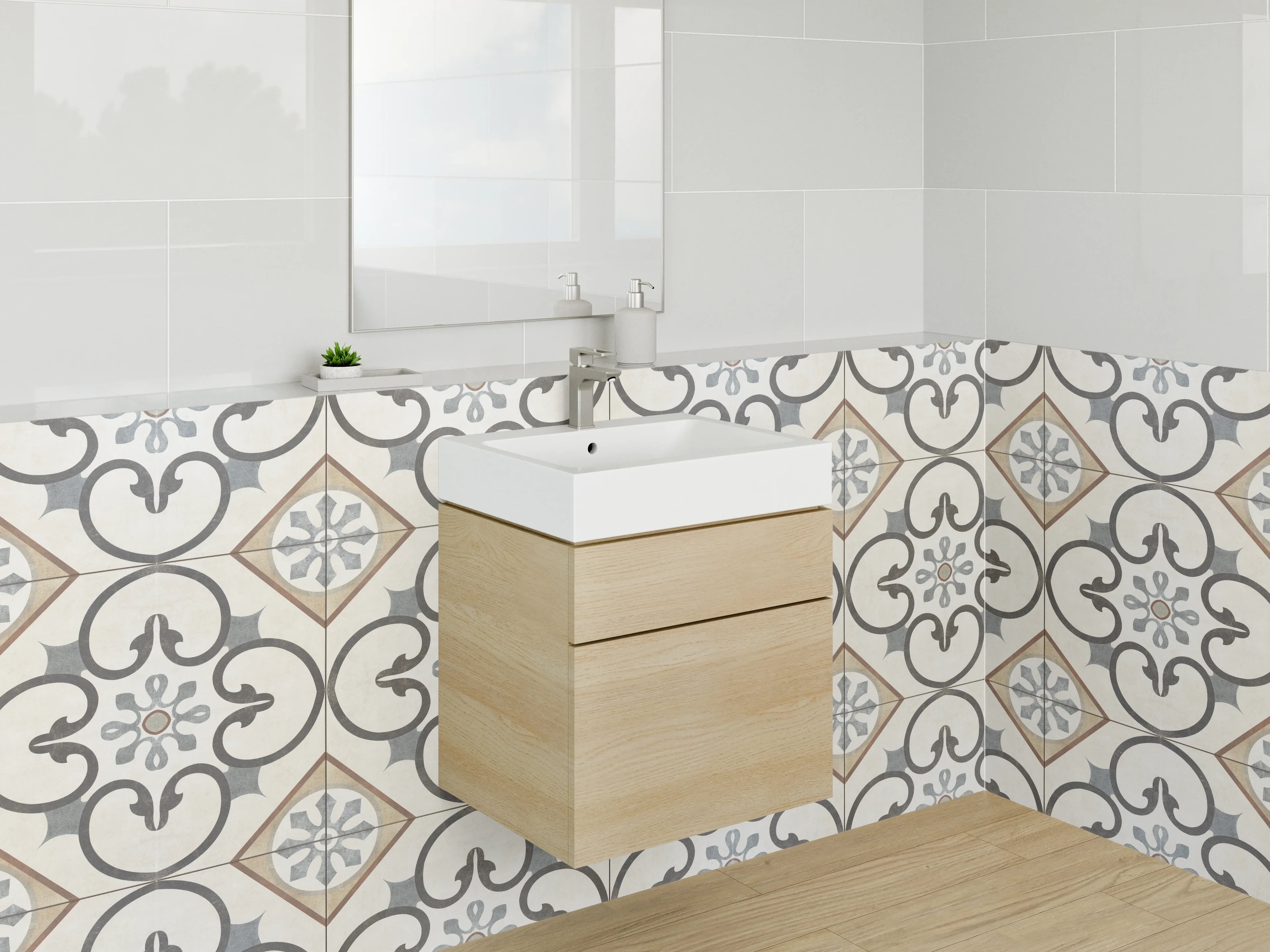 Waschbecken-Rückwand - Orientalisches Fliesenmuster Beige-Grau