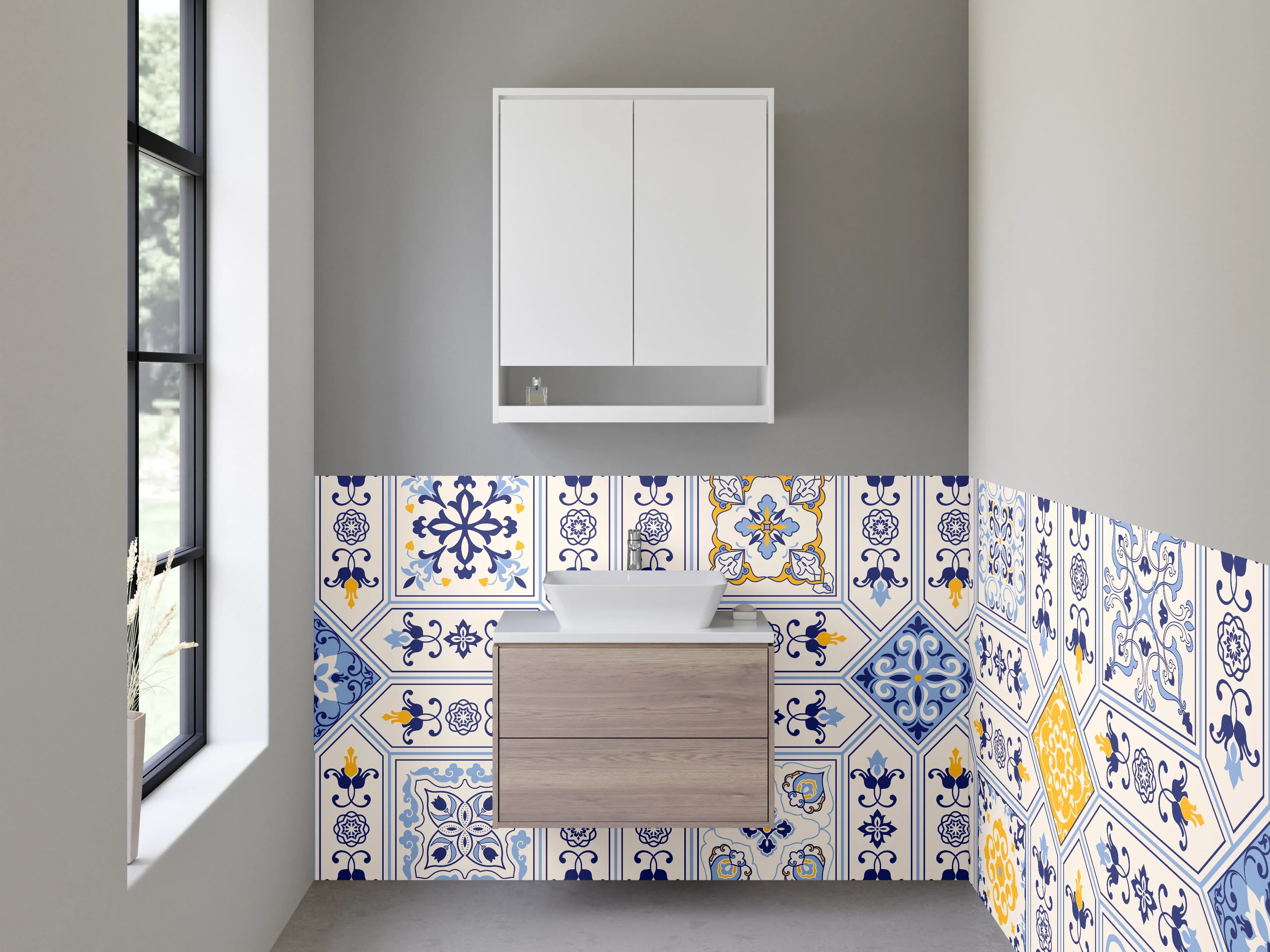Waschbecken-Rückwand - Orientalisches Fliesenmuster Blau Gelb Weiß
