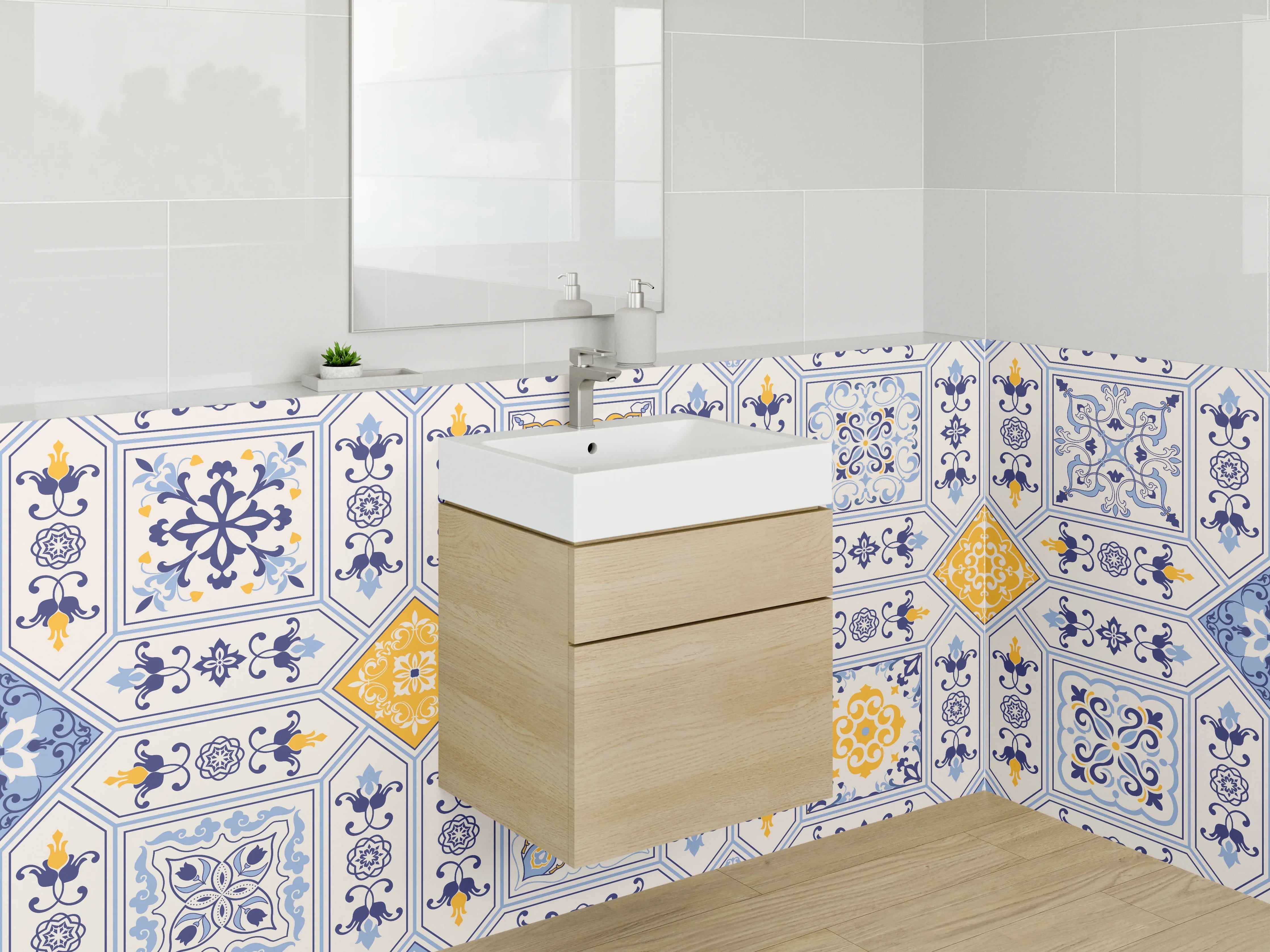 Waschbecken-Rückwand - Orientalisches Fliesenmuster Blau Gelb Weiß