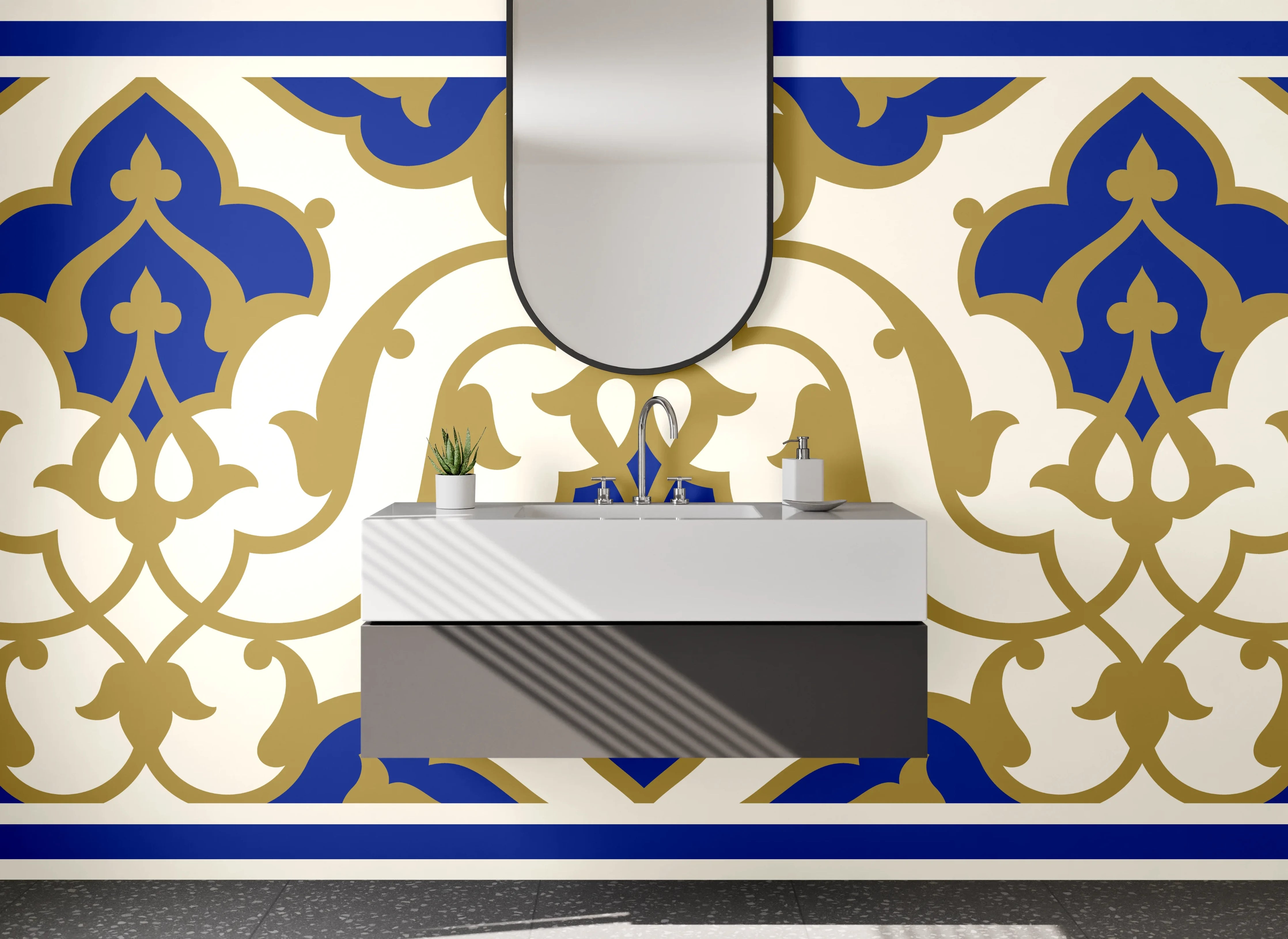Waschbecken-Rückwand - Orientalisches Fliesenmuster Blau Gold
