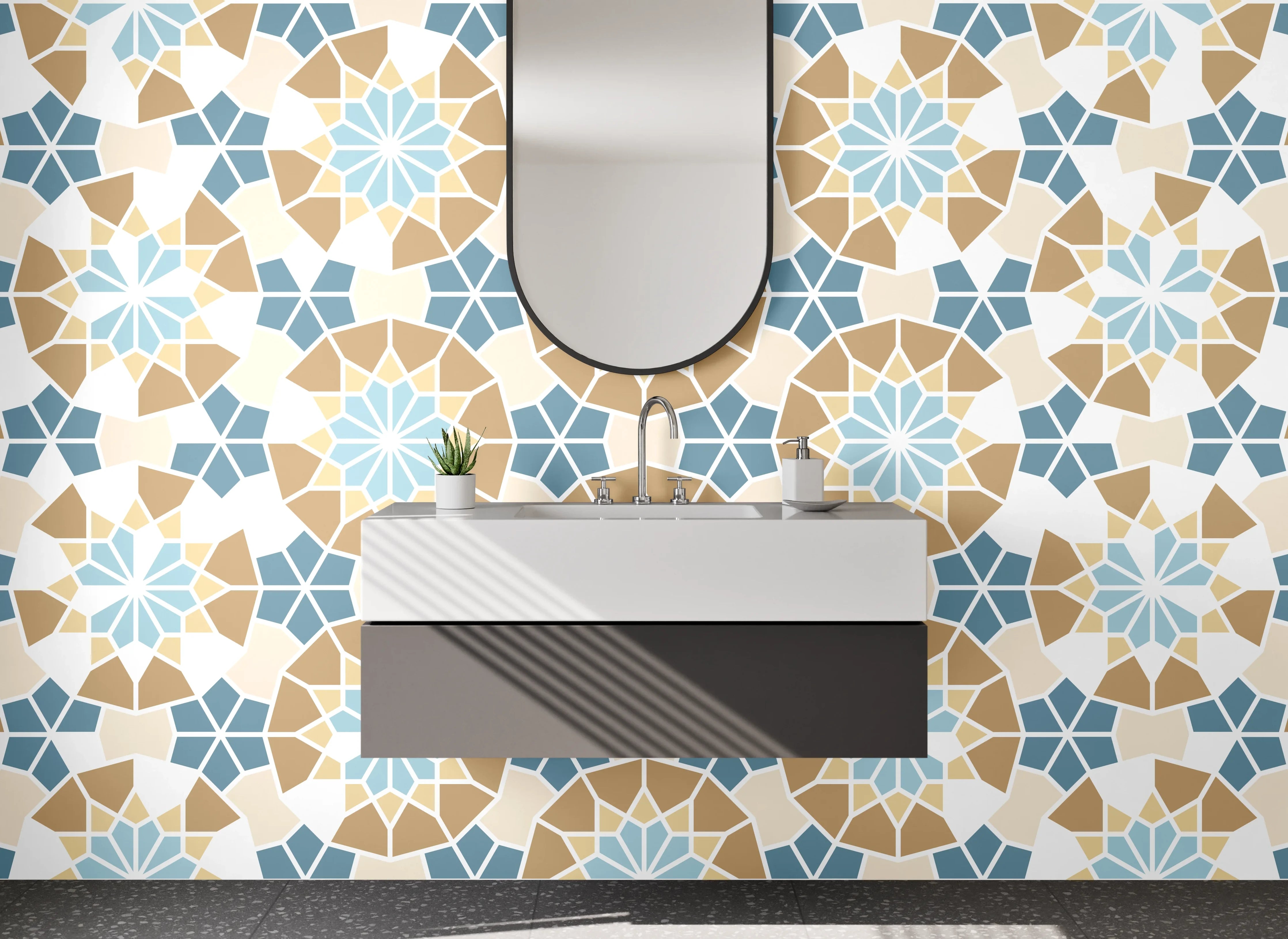 Waschbecken-Rückwand - Orientalisches Fliesenmuster Blau Grau Weiß