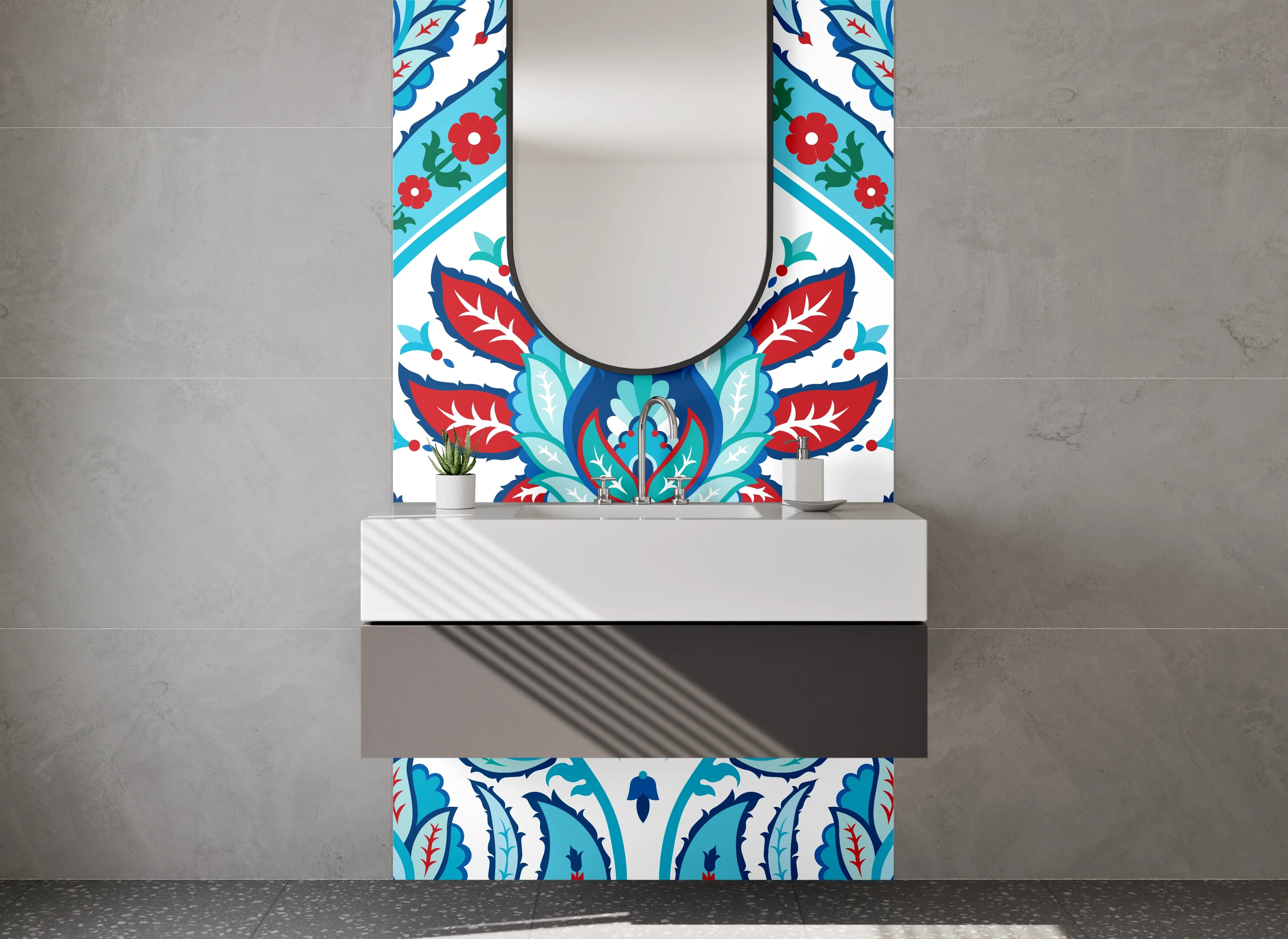 Waschbecken-Rückwand - Orientalisches Fliesenmuster Blau Rot Türkis