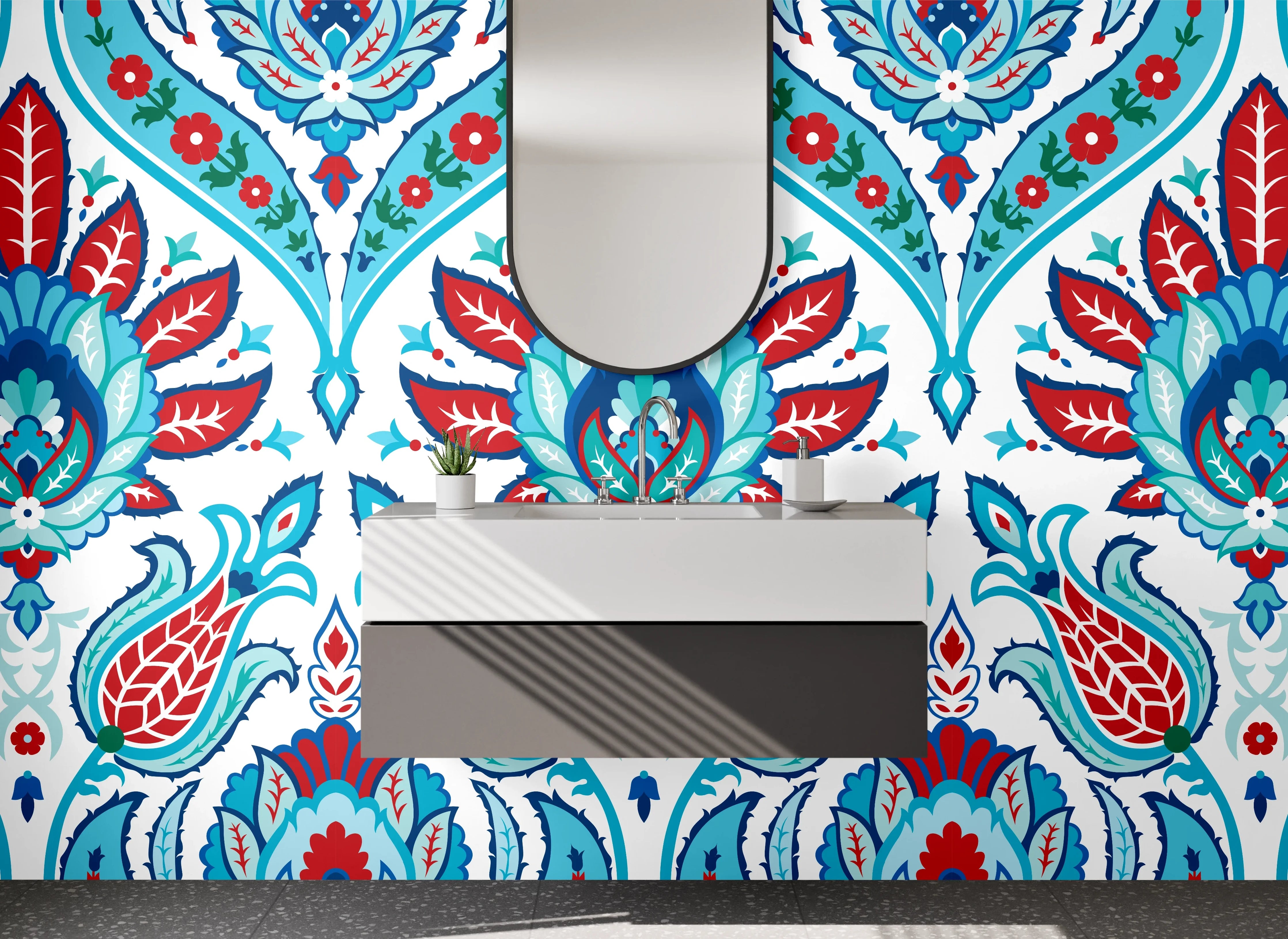 Waschbecken-Rückwand - Orientalisches Fliesenmuster Blau Rot Türkis