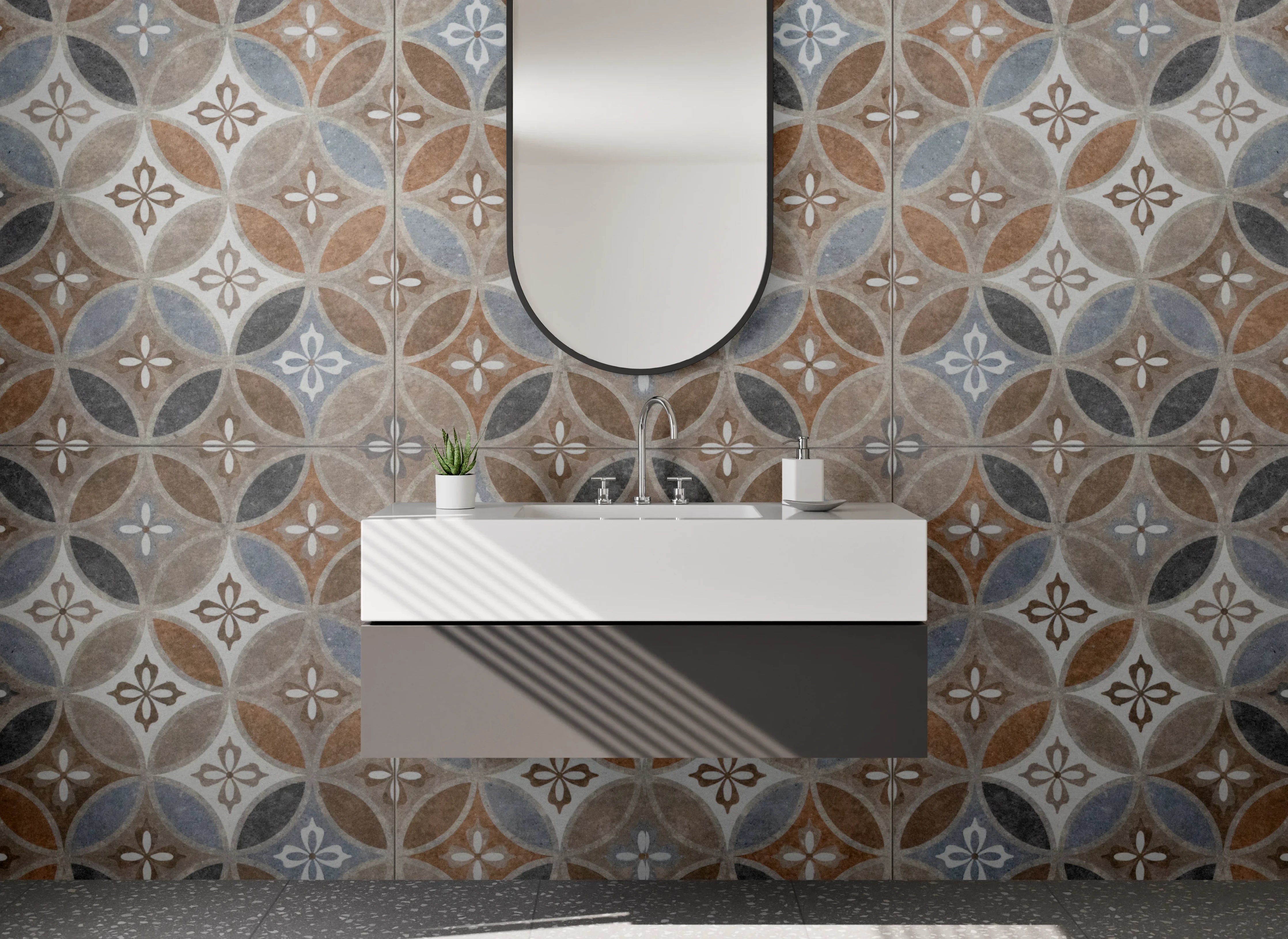 Waschbecken-Rückwand - Orientalisches Fliesenmuster Braun Grau Blau