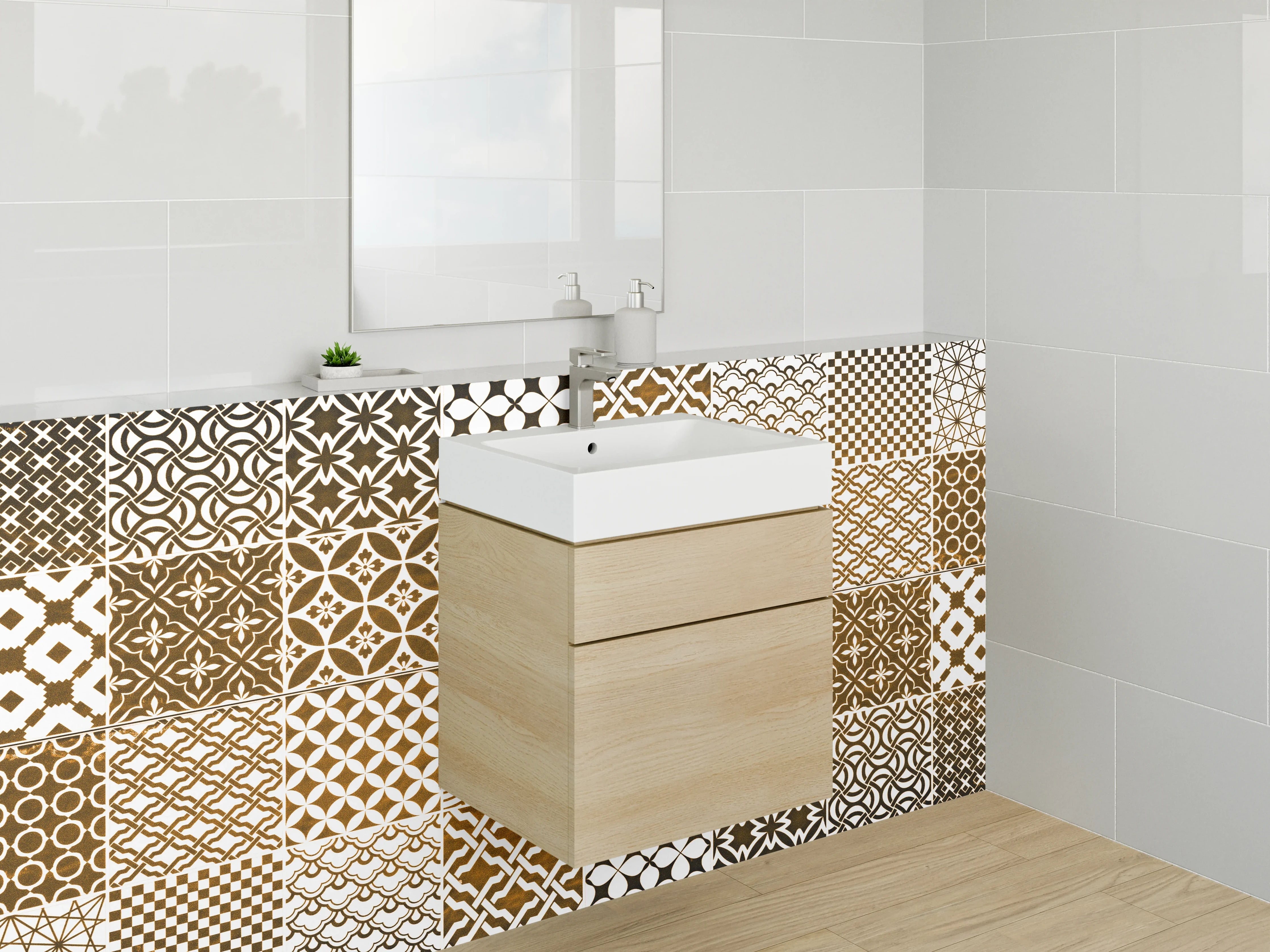 Waschbecken-Rückwand - Orientalisches Fliesenmuster Braun Weiß