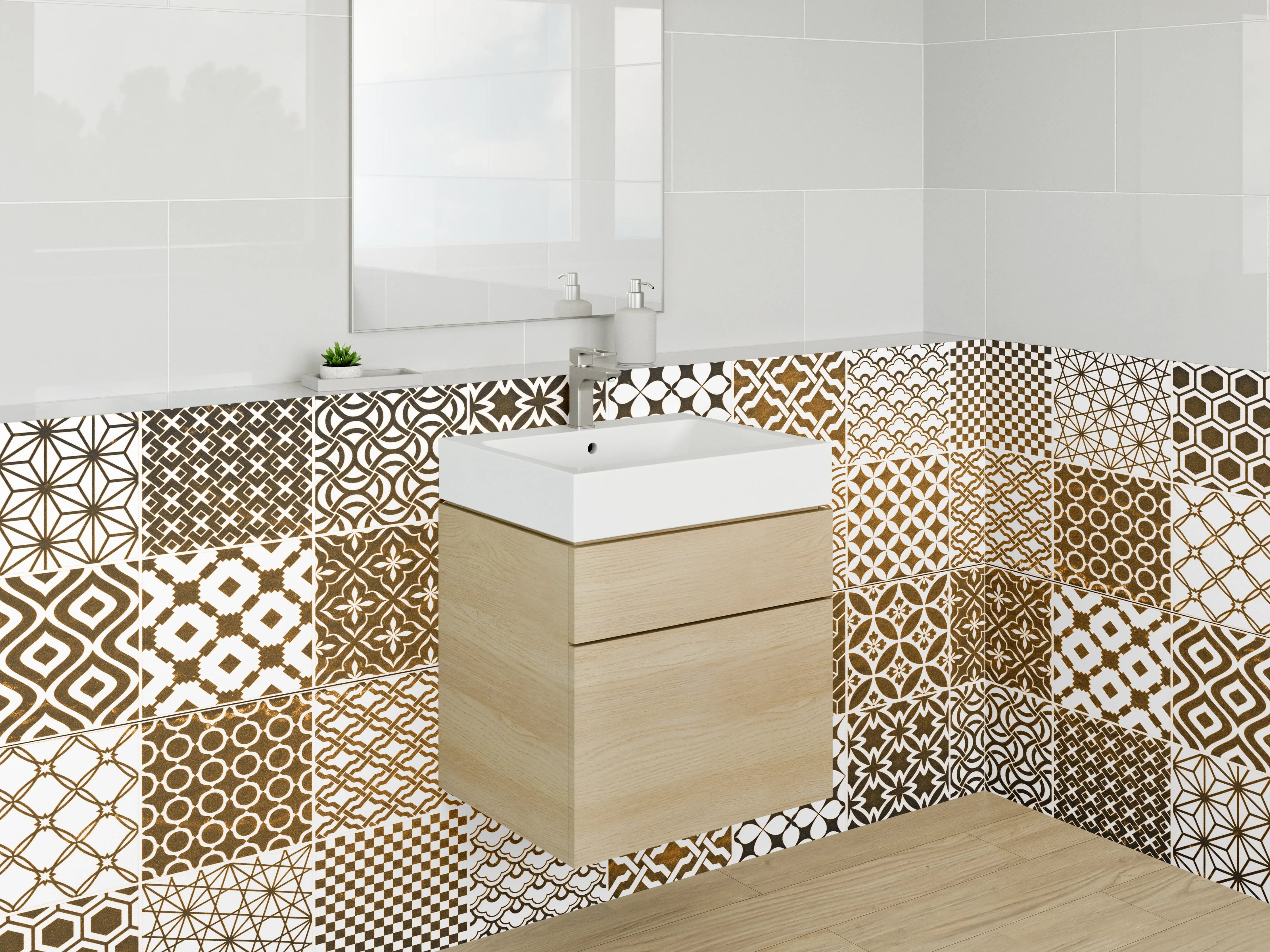 Waschbecken-Rückwand - Orientalisches Fliesenmuster Braun Weiß