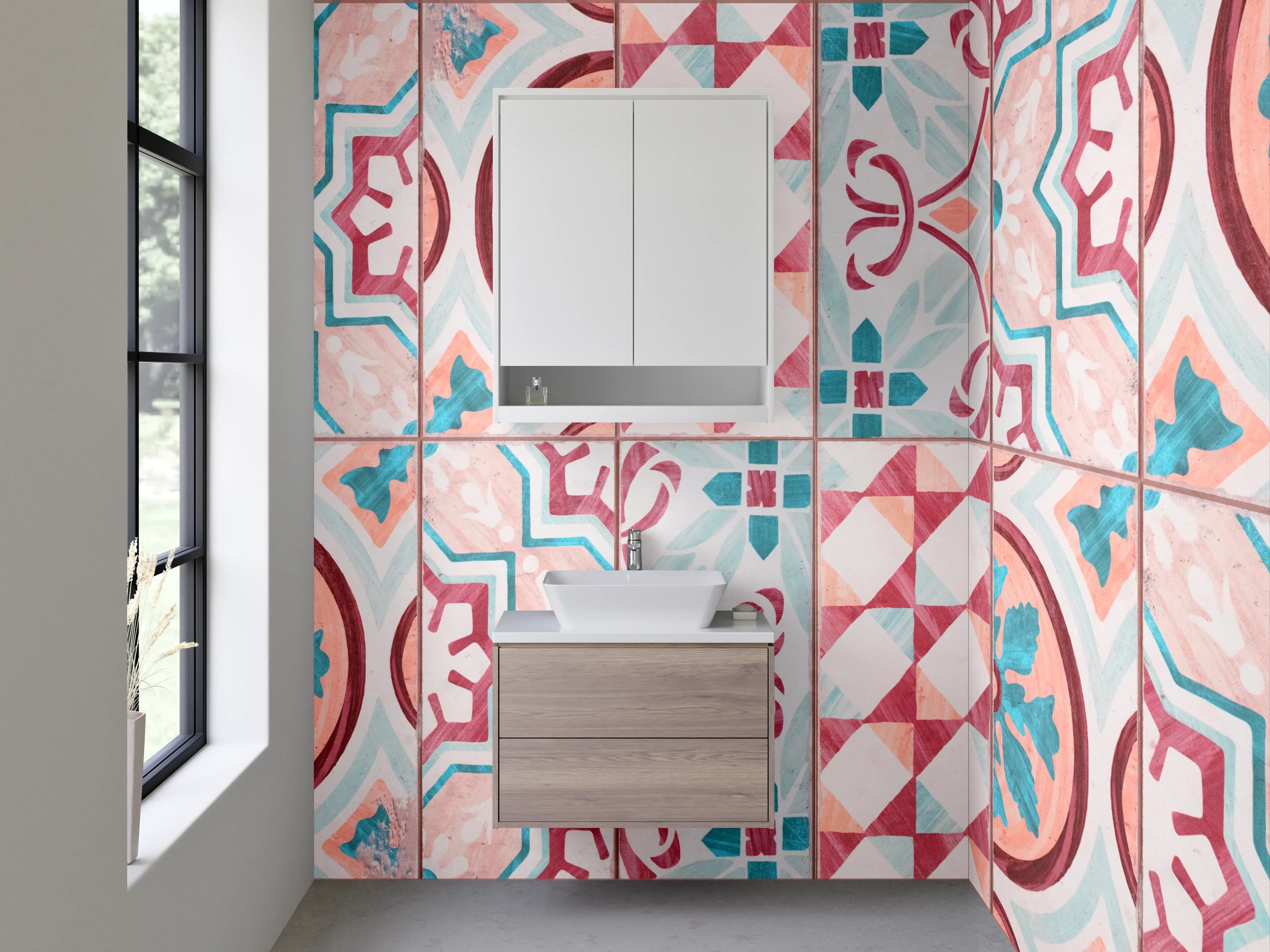 Waschbecken-Rückwand - Orientalisches Fliesenmuster Retro Rosa Türkis