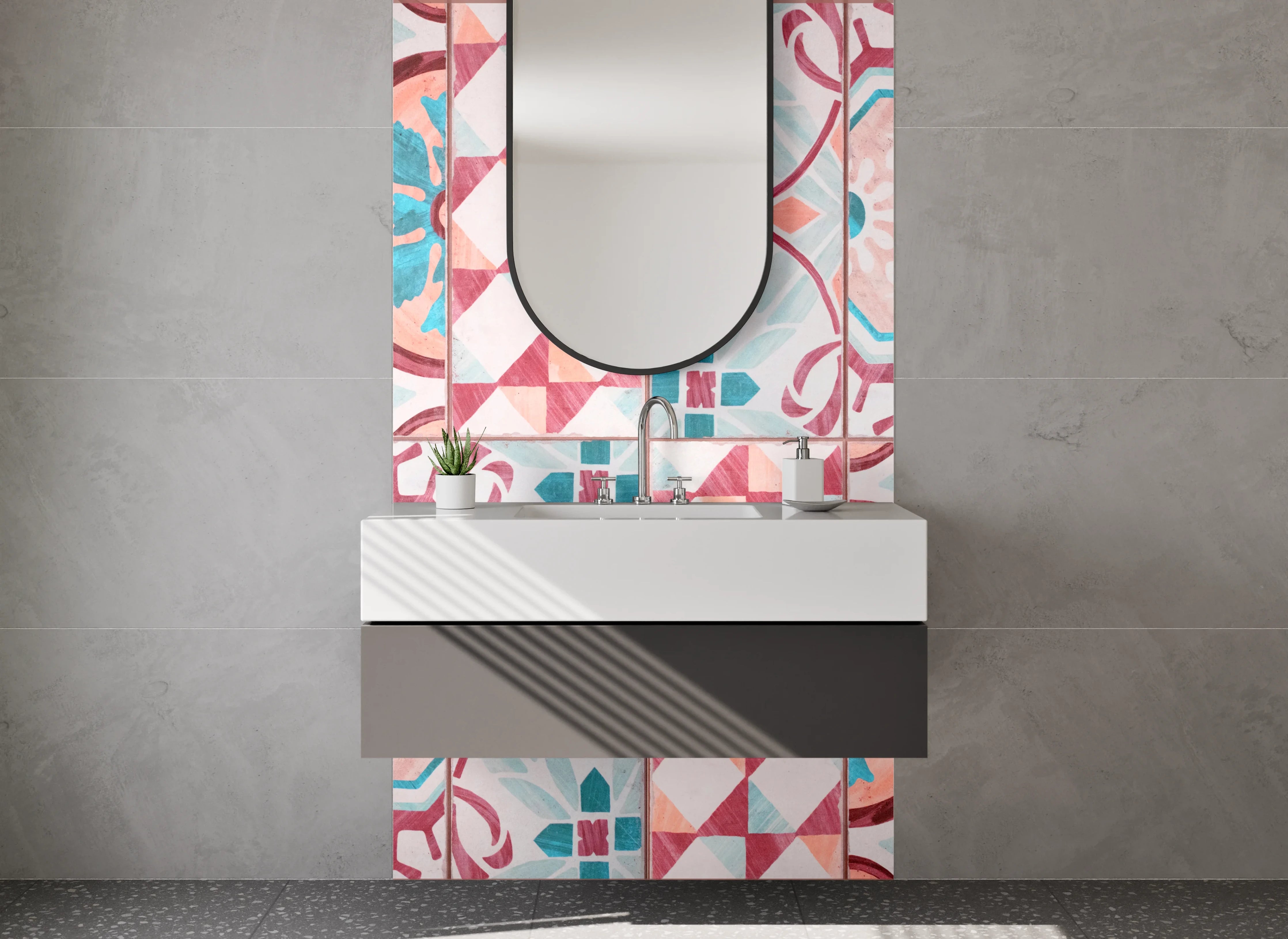 Waschbecken-Rückwand - Orientalisches Fliesenmuster Retro Rosa Türkis