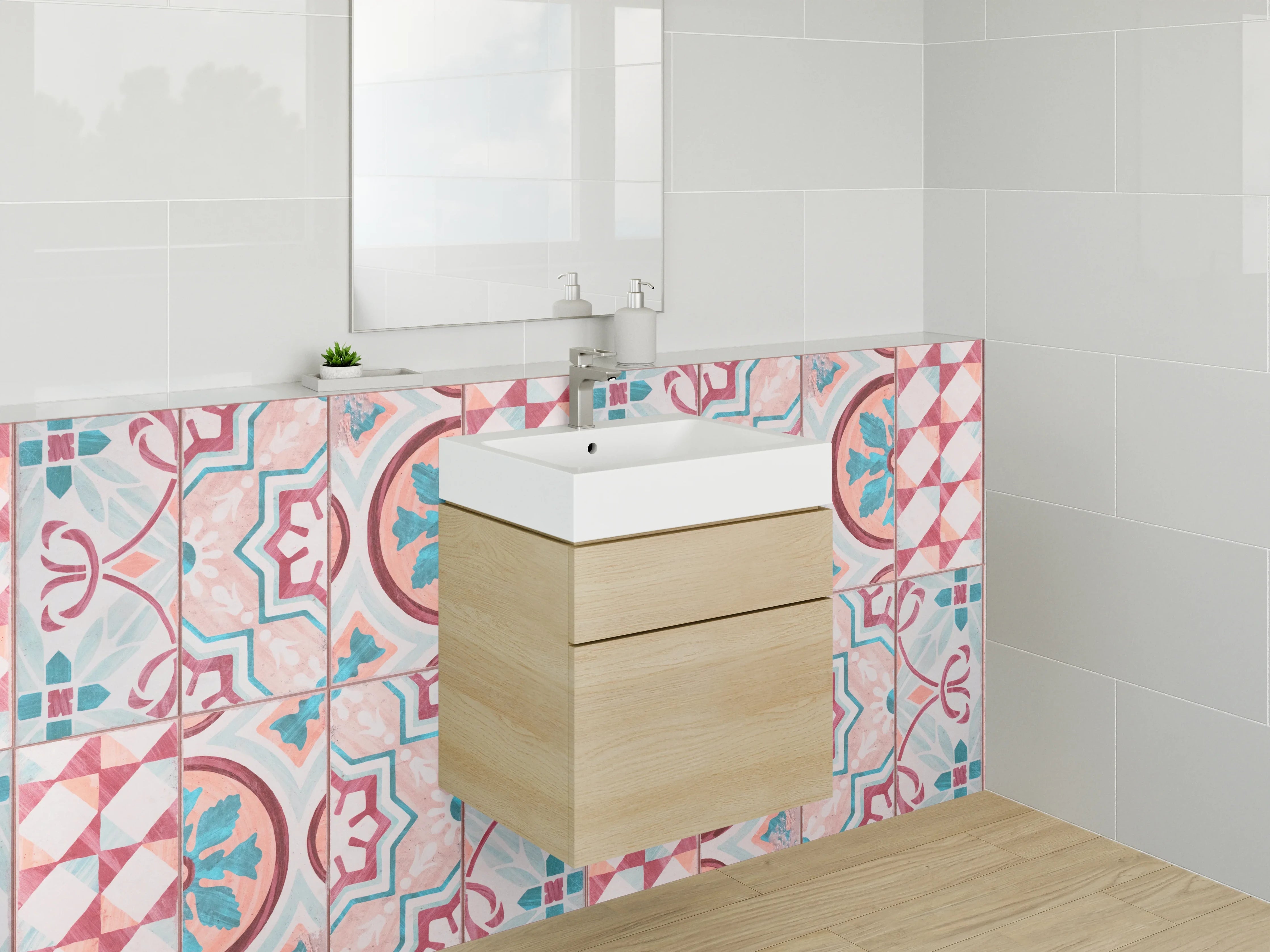 Waschbecken-Rückwand - Orientalisches Fliesenmuster Retro Rosa Türkis