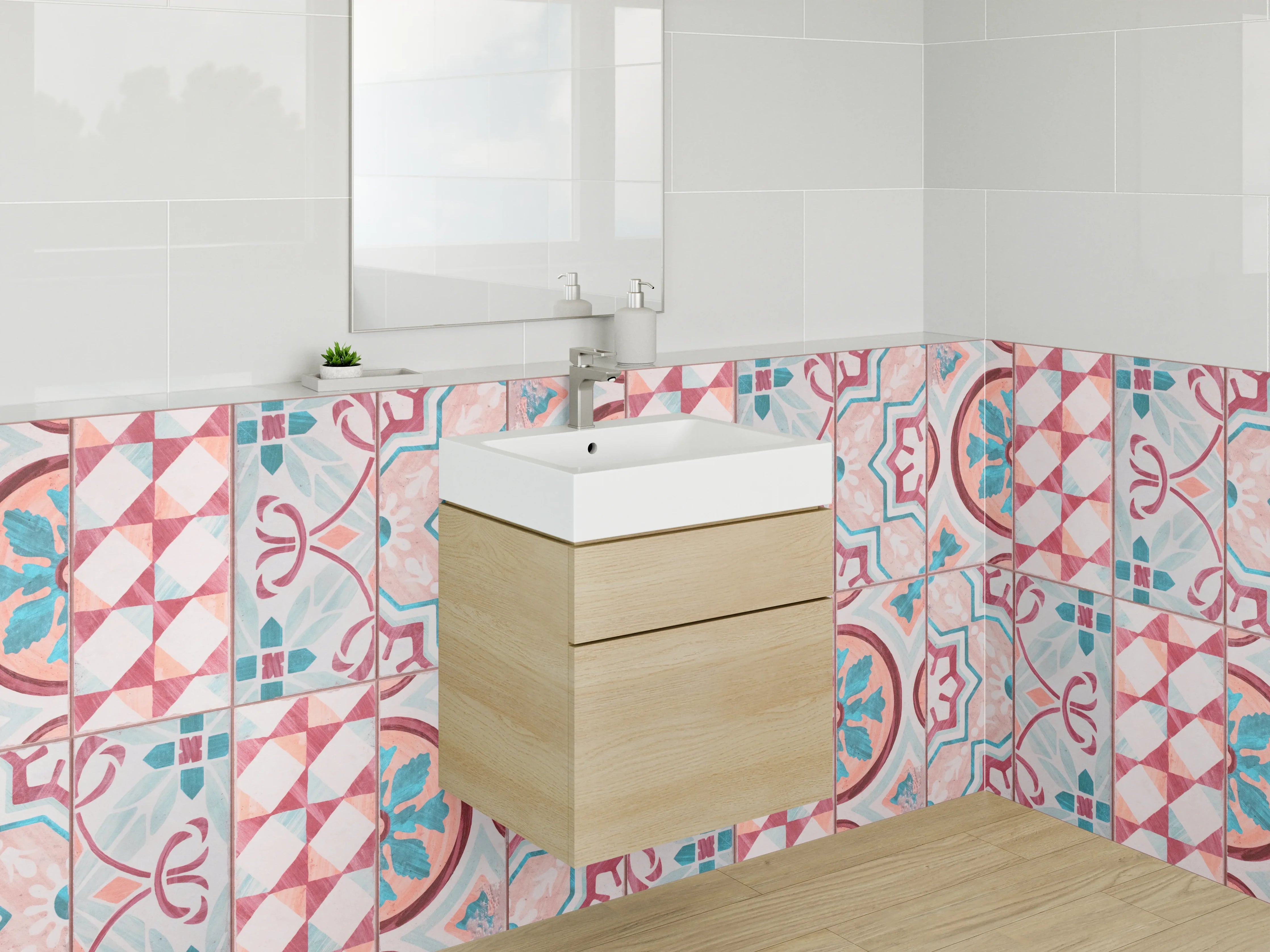 Waschbecken-Rückwand - Orientalisches Fliesenmuster Retro Rosa Türkis