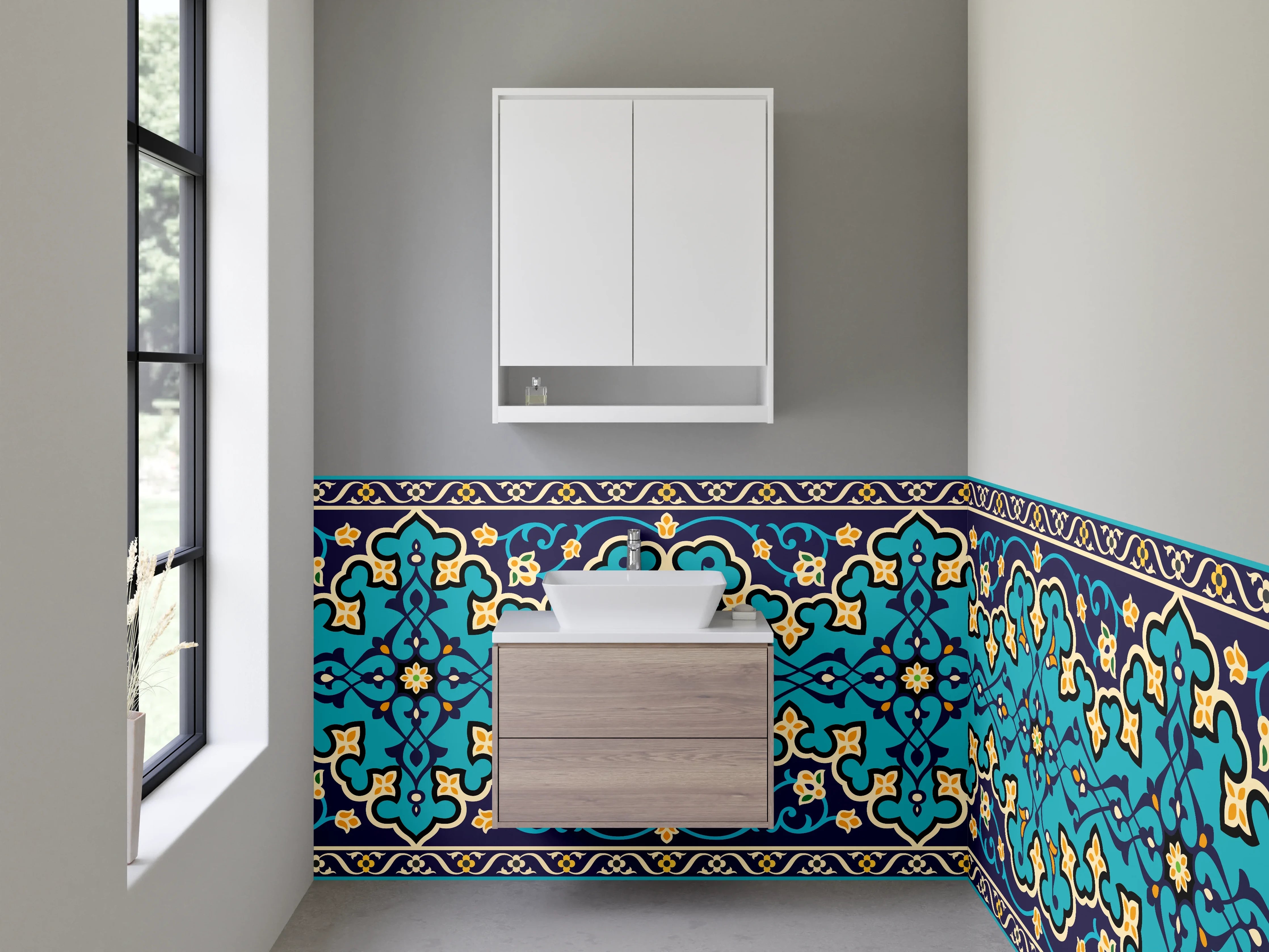 Waschbecken-Rückwand - Orientalisches Fliesenmuster Türkis Blau Gelb