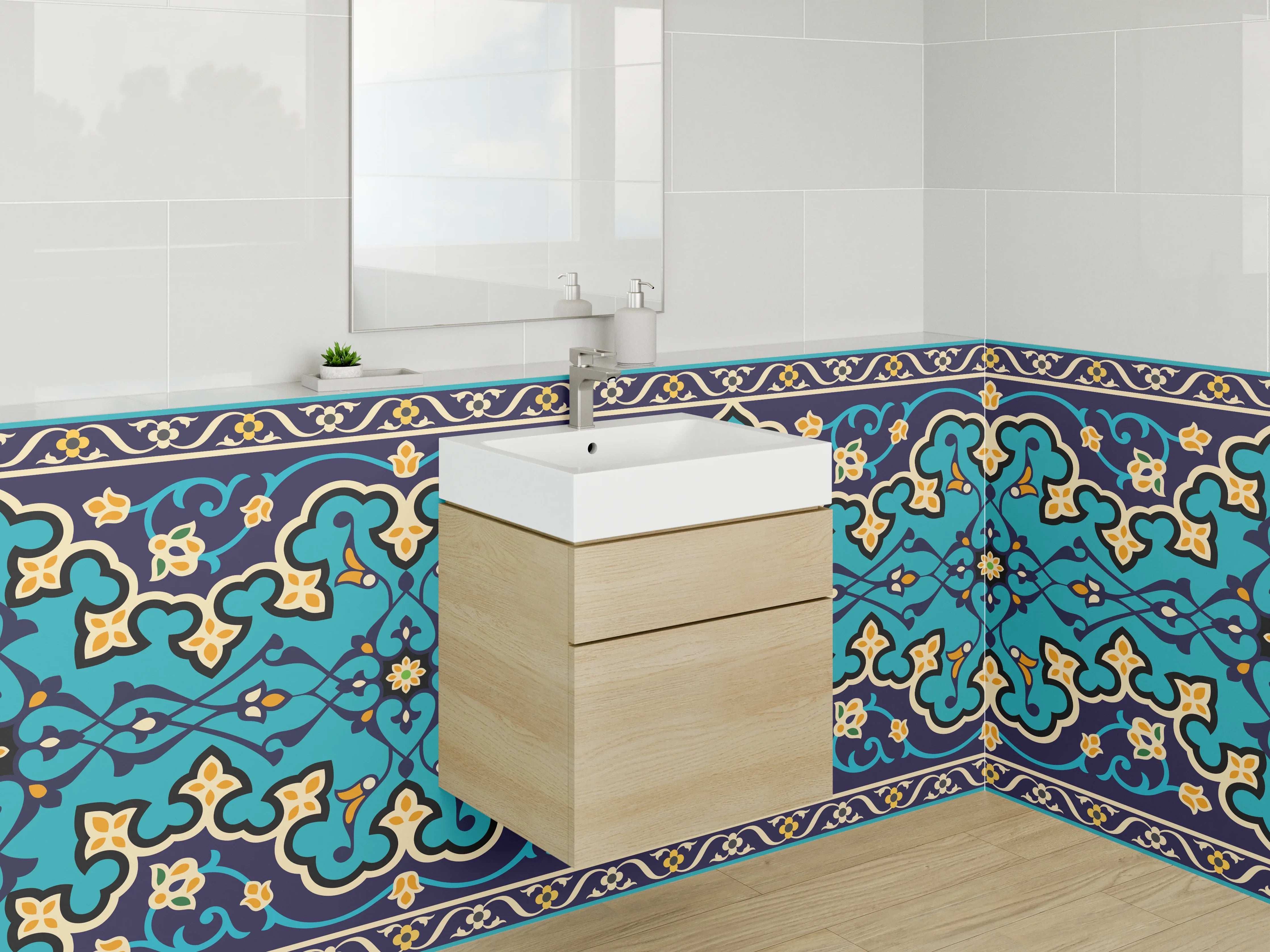 Waschbecken-Rückwand - Orientalisches Fliesenmuster Türkis Blau Gelb