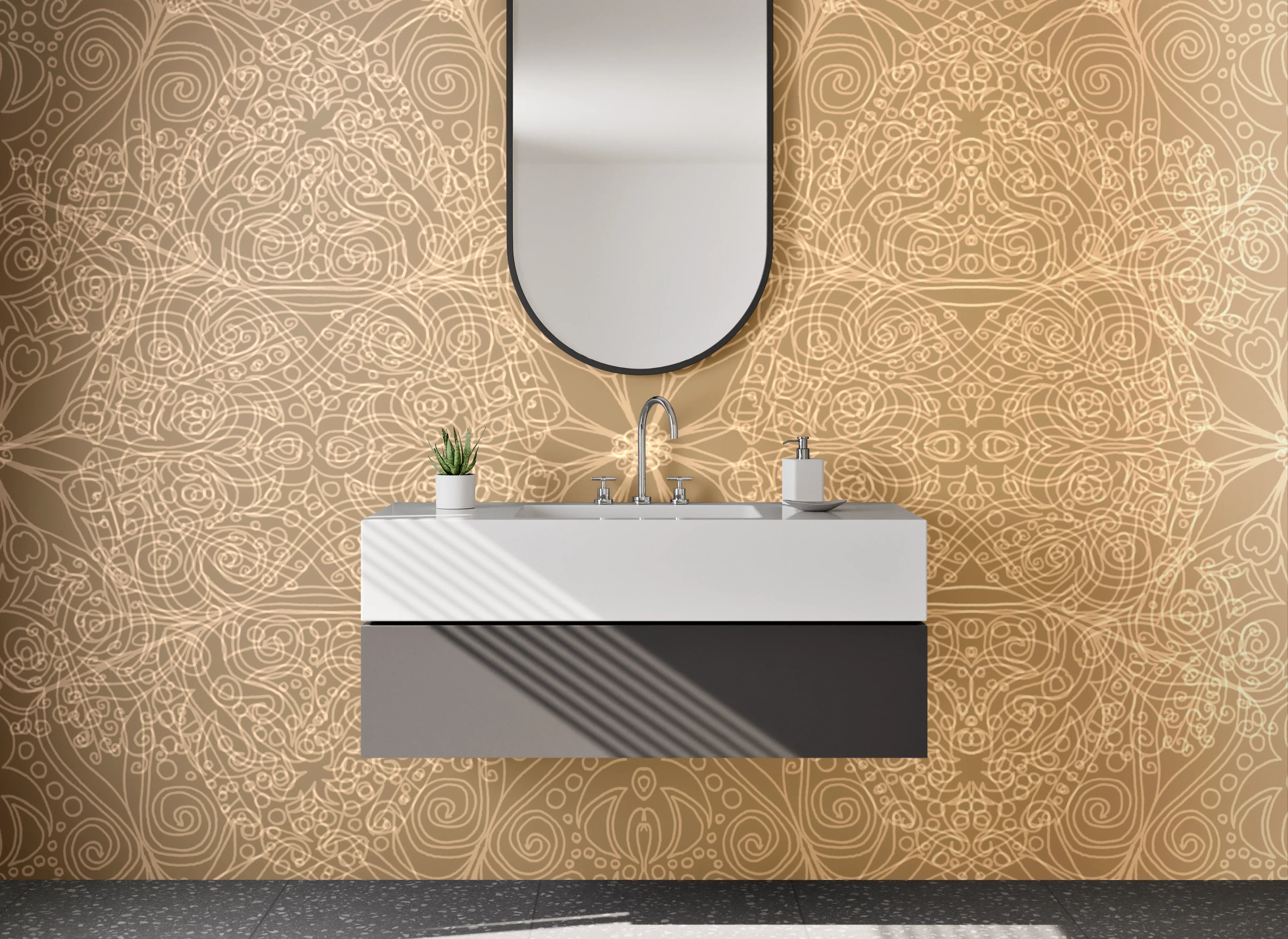 Waschbecken-Rückwand - Orientalisches Mandala Muster Beige Gold