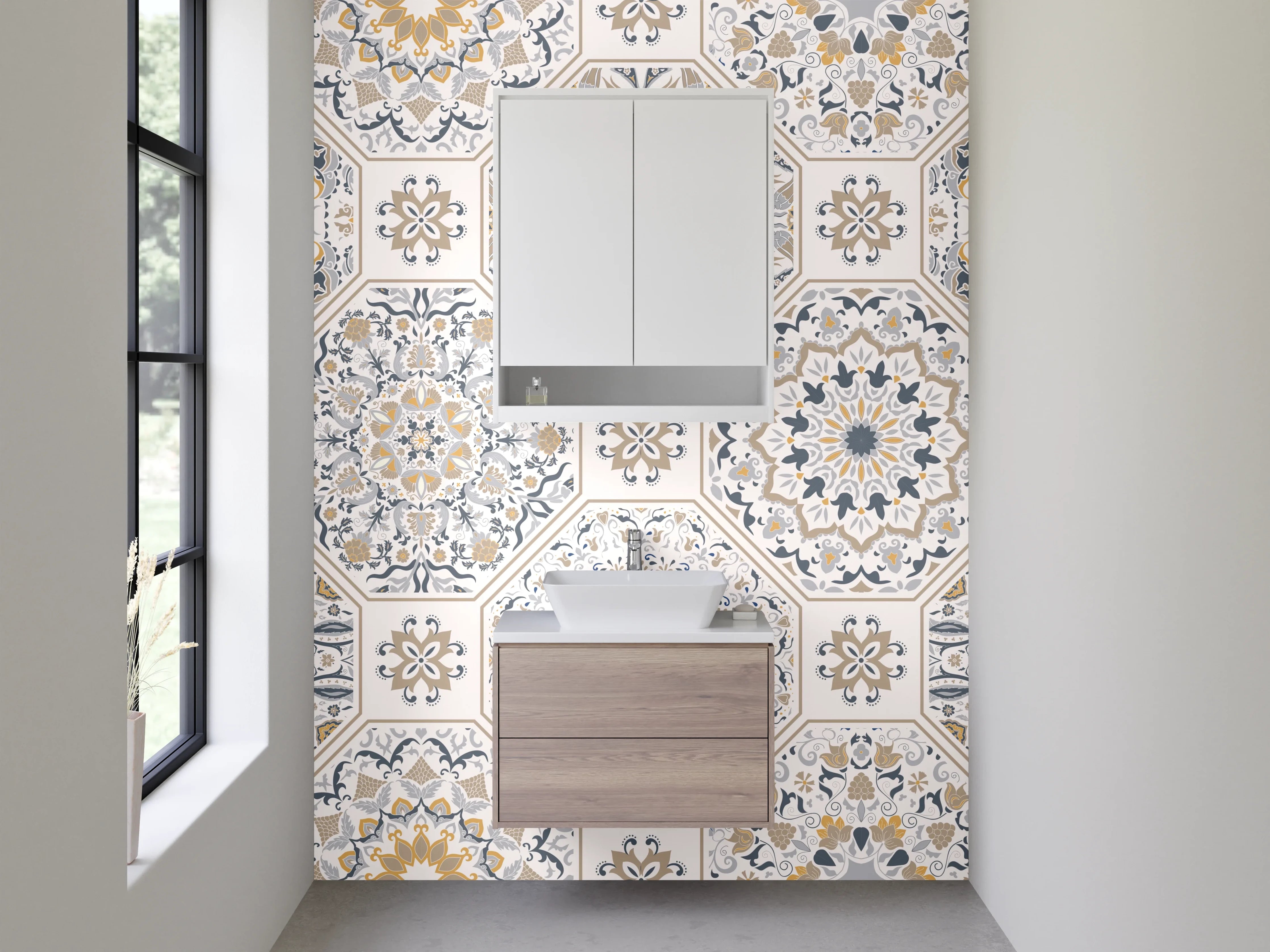 Waschbecken-Rückwand - Orientalisches Mandala Muster Fliesenoptik Weiß Grau