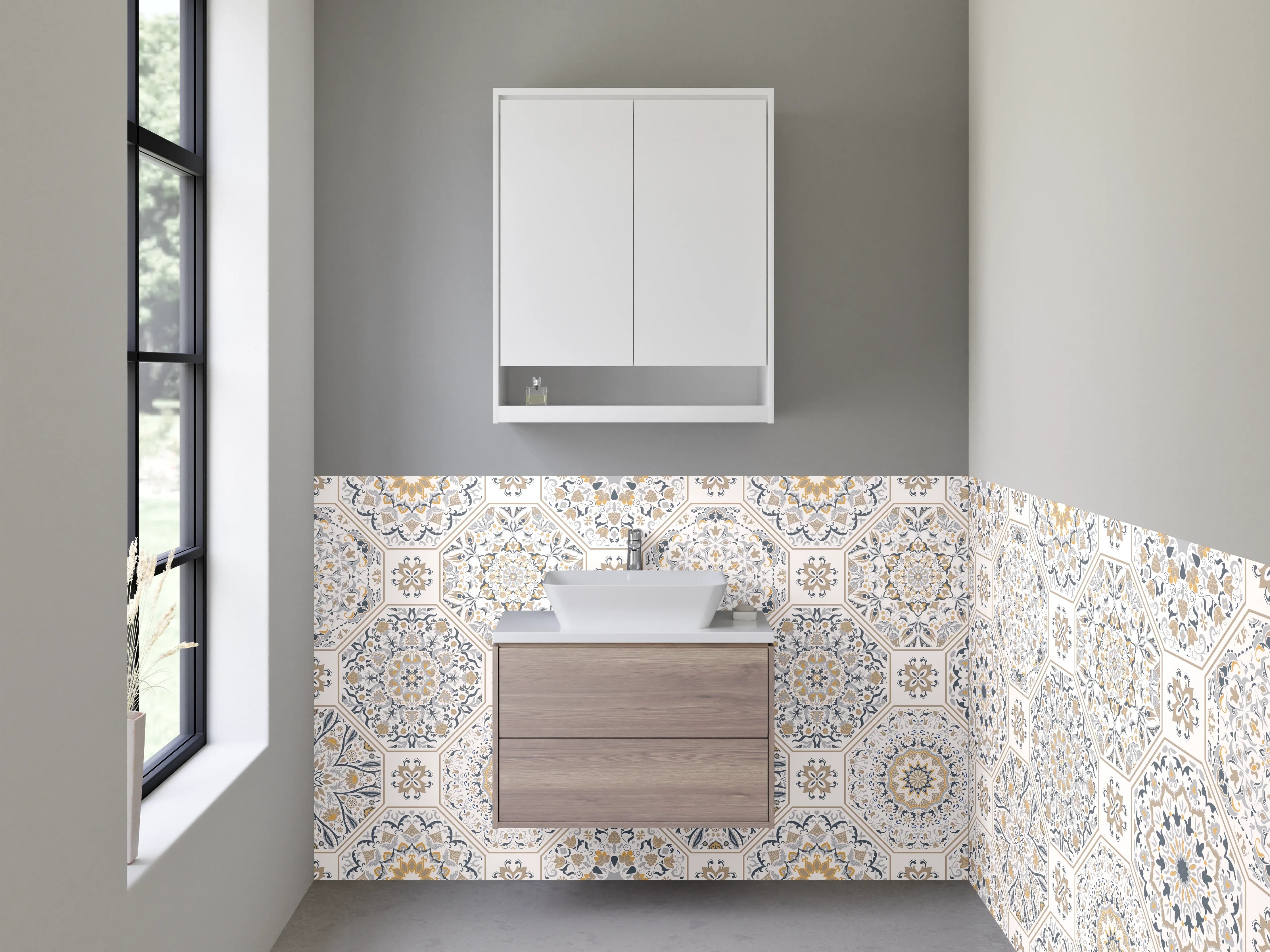 Waschbecken-Rückwand - Orientalisches Mandala Muster Fliesenoptik Weiß Grau
