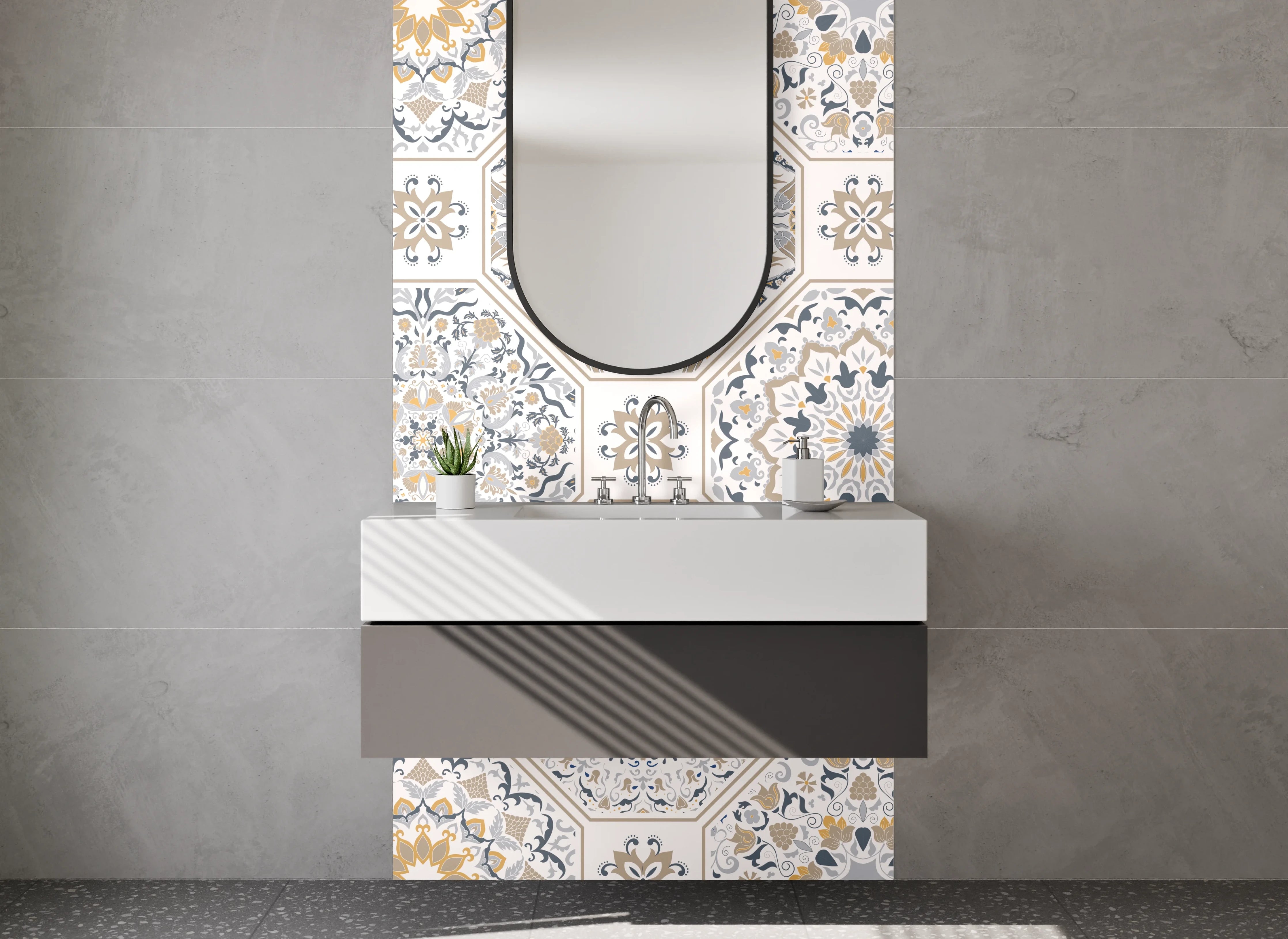 Waschbecken-Rückwand - Orientalisches Mandala Muster Fliesenoptik Weiß Grau